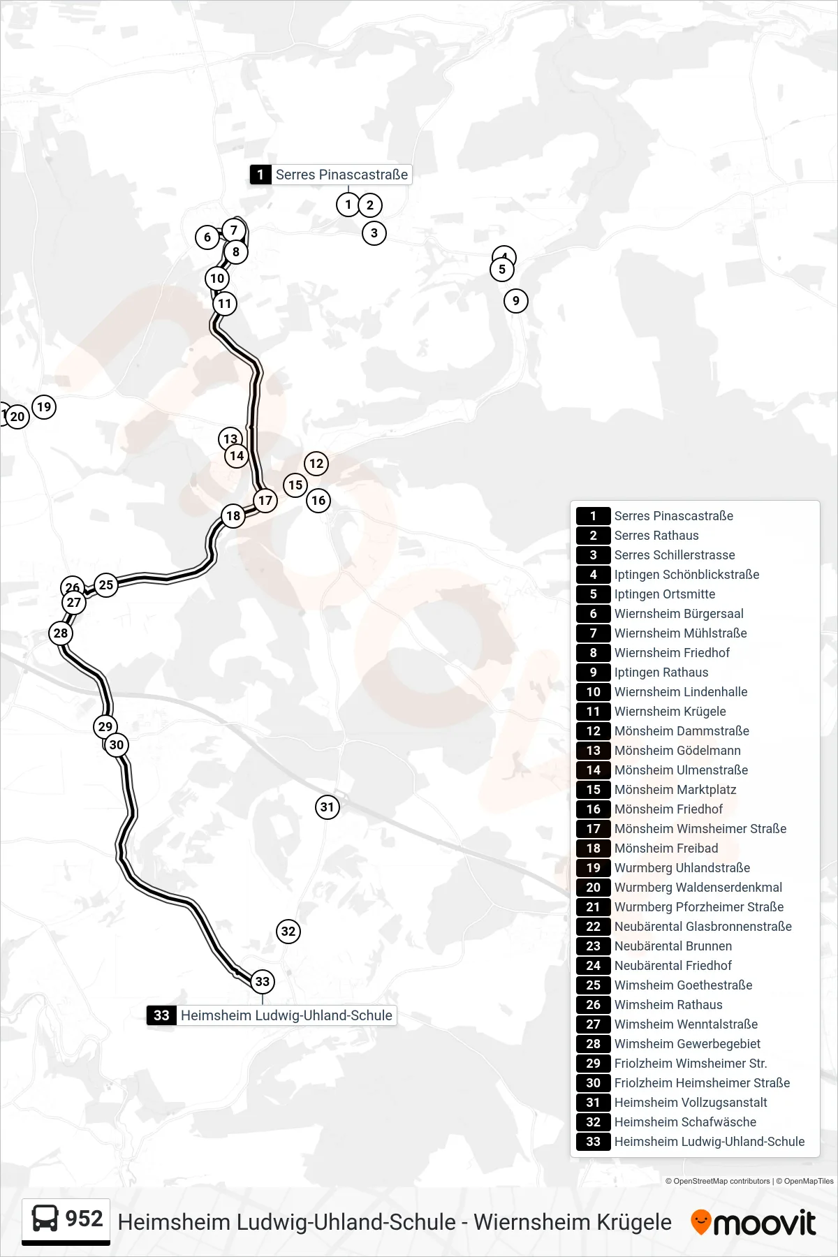 952 bus Line (Heimsheim Ludwig-Uhland-Schule) route and stops on a map
