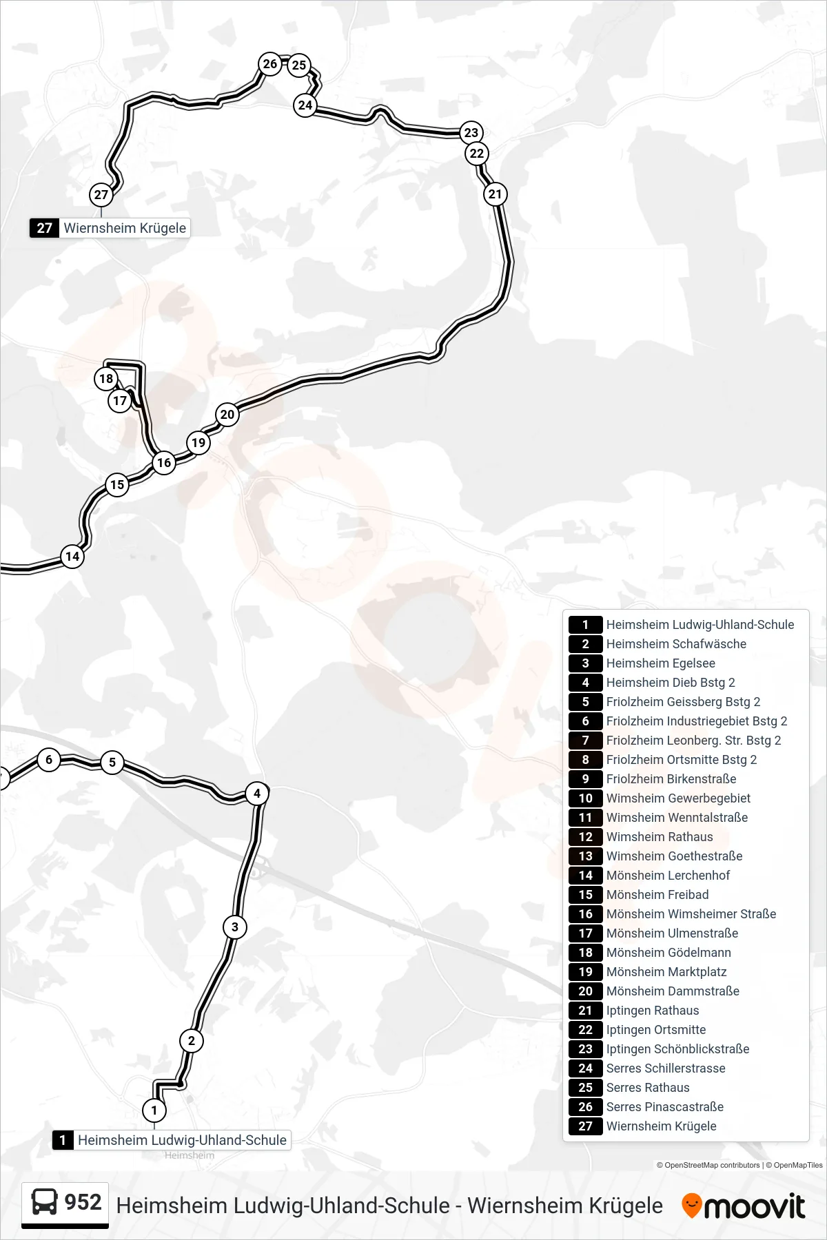 952 bus Line (Wiernsheim Krügele) route and stops on a map