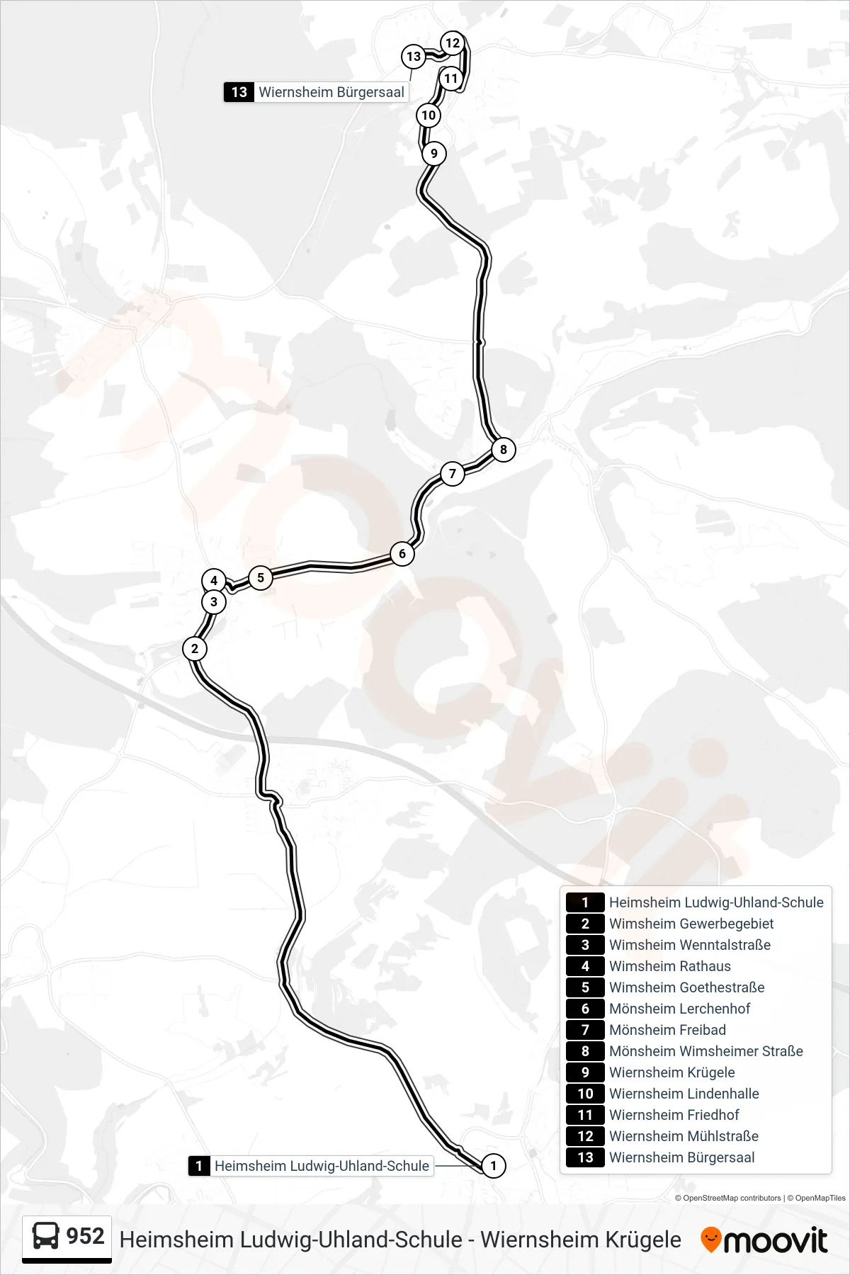 952 bus Line (Wiernsheim Bürgersaal) route and stops on a map