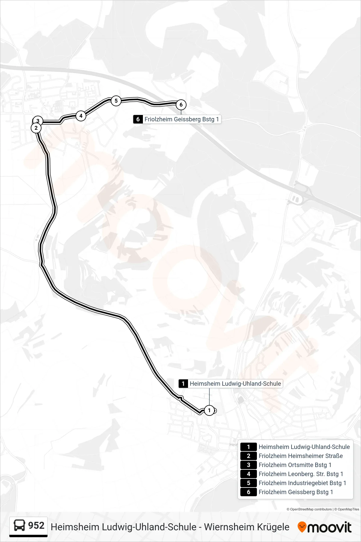 952 bus Line (Friolzheim Geissberg) route and stops on a map
