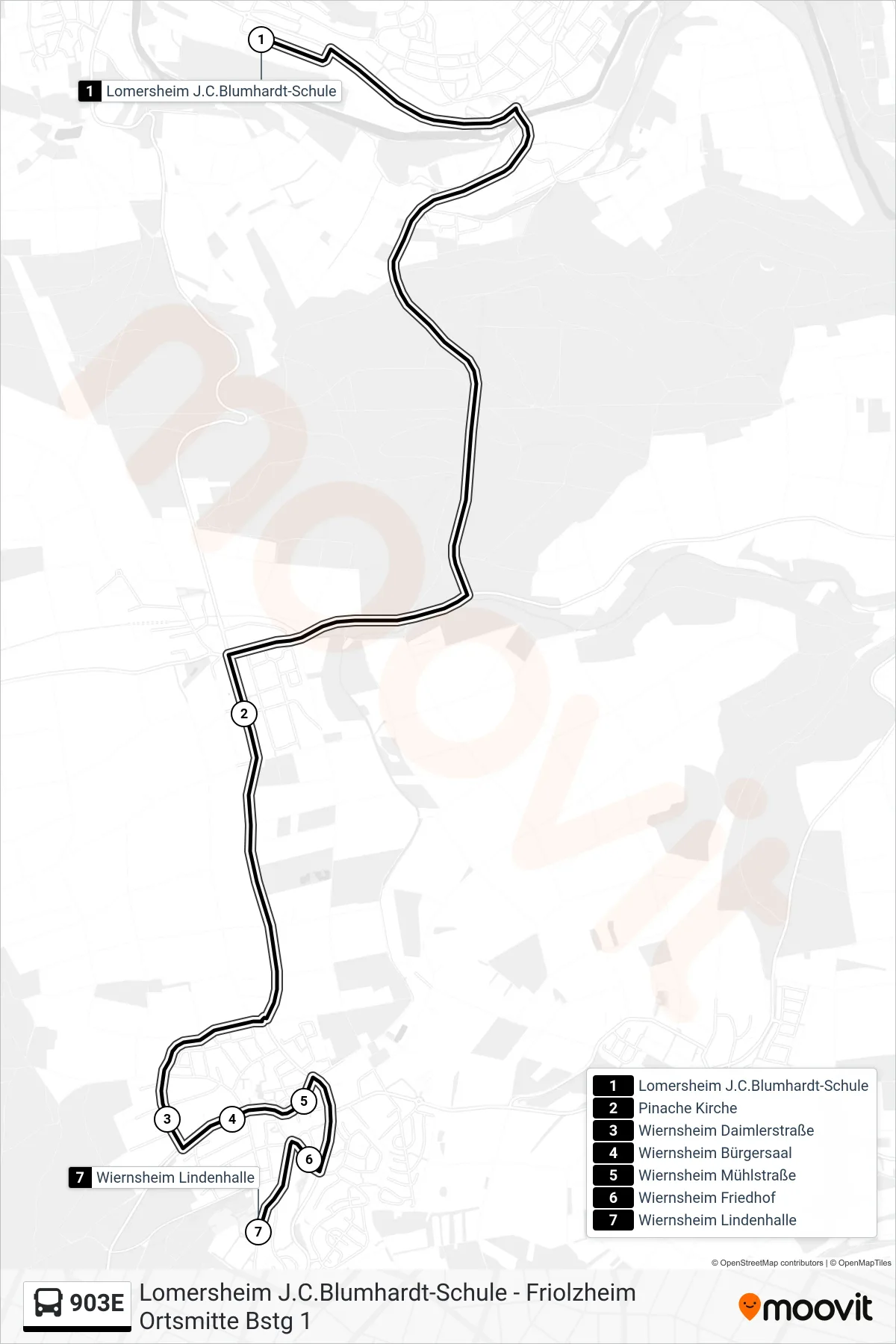 Linie 903E (Bus) Richtung Wiernsheim Lindenhalle: Route und Haltestellen auf der Karte