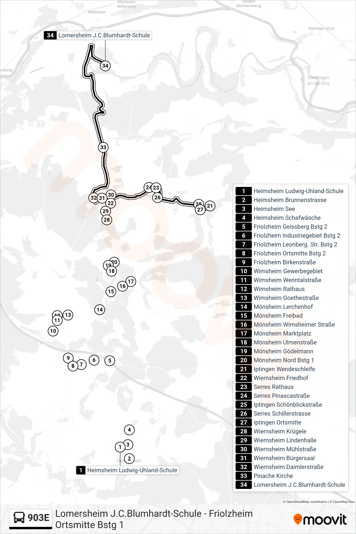 903E bus Line (Lomersheim J.C.Blumhardt-Schule) route and stops on a map