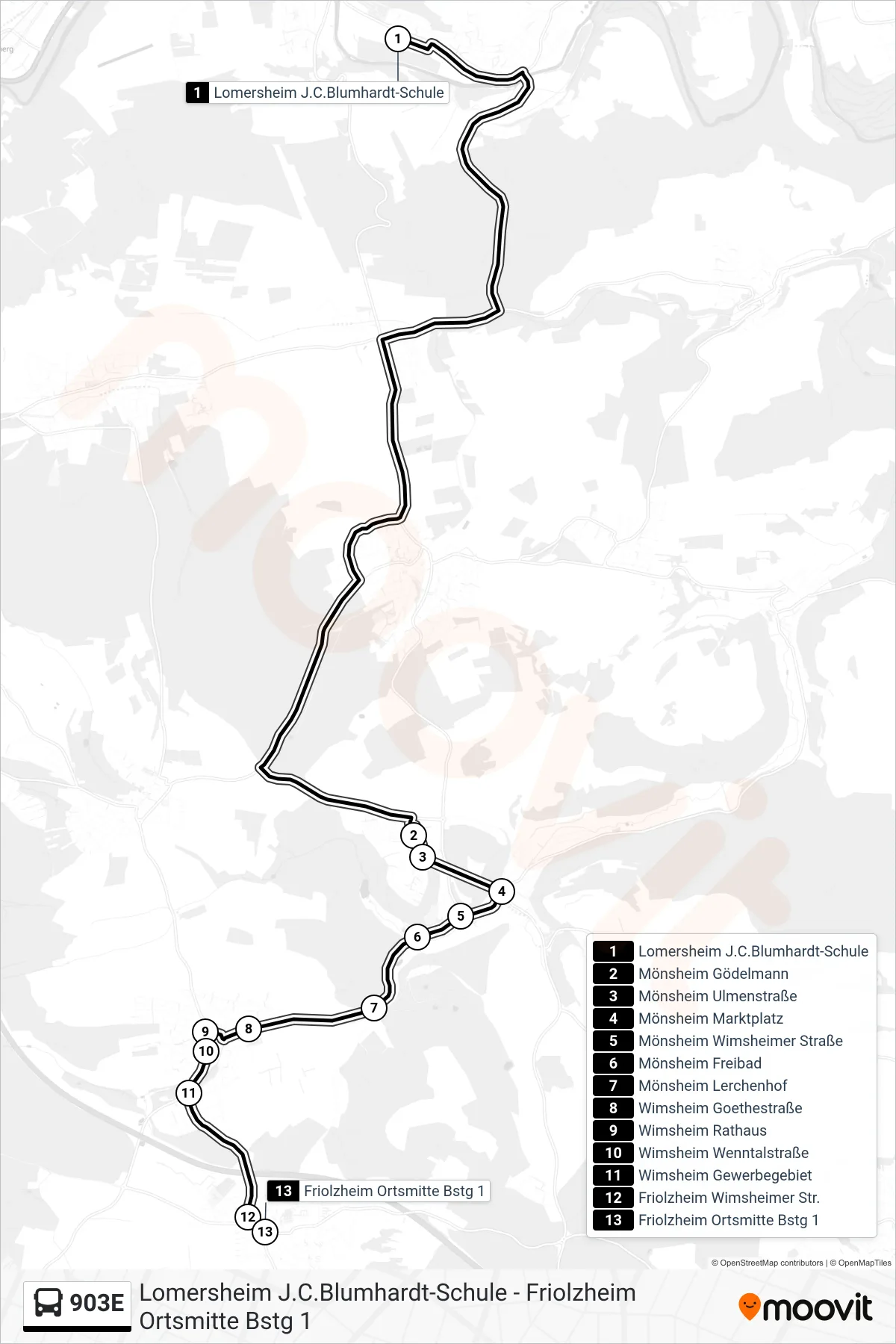 903E bus Line (Friolzheim Ortsmitte) route and stops on a map