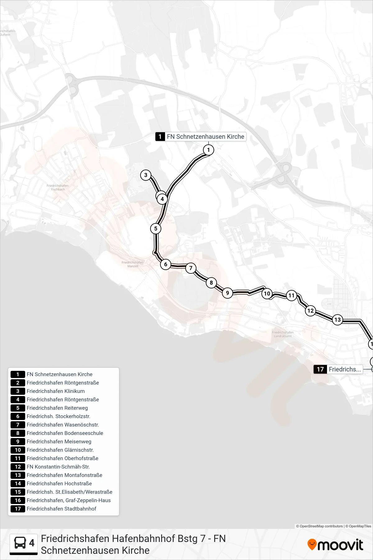 Linie 4 (Bus) Richtung Friedrichshafen Stadtbahnhof: Route und Haltestellen auf der Karte