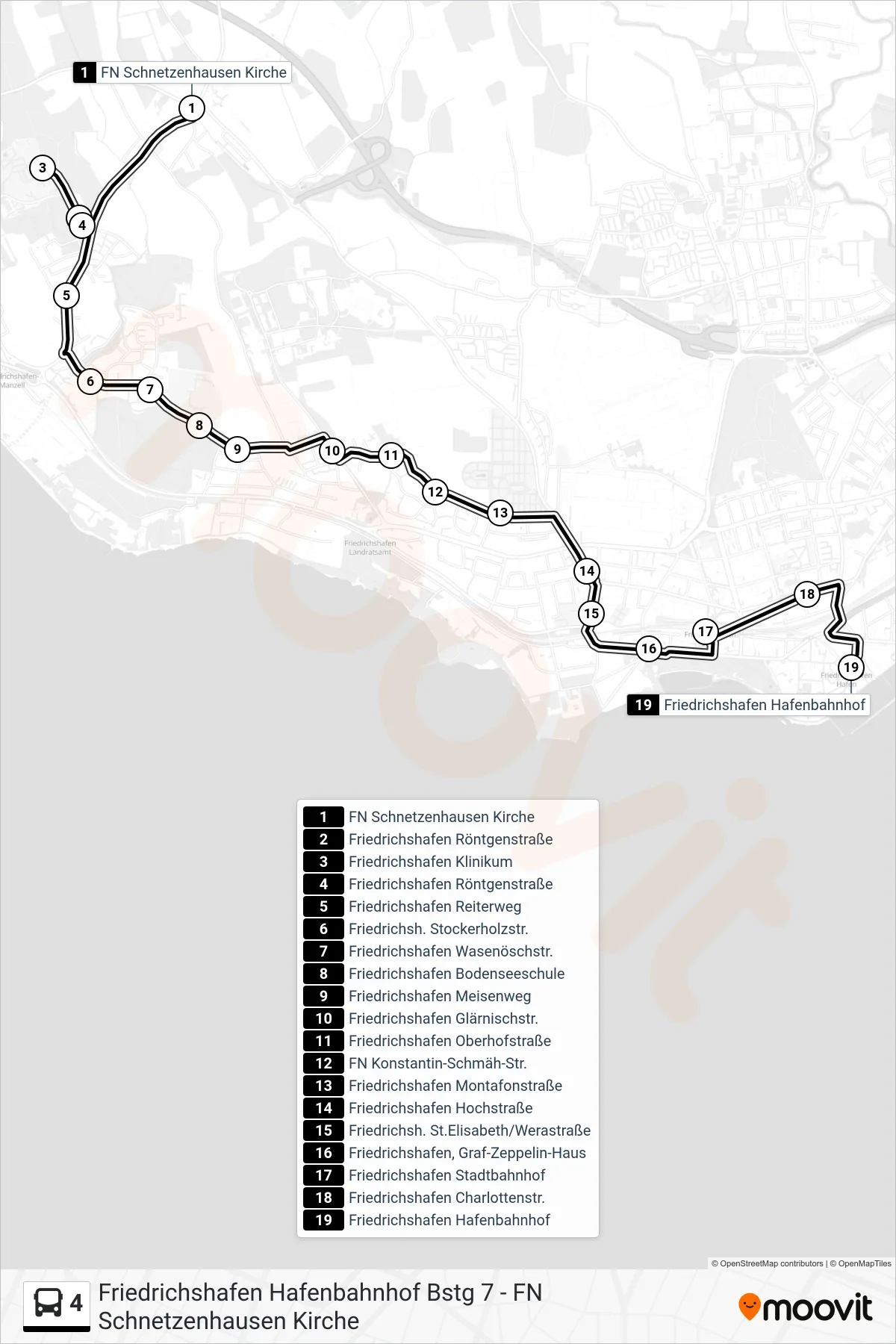 4 bus Line (Friedrichshafen Hafenbahnhof) route and stops on a map