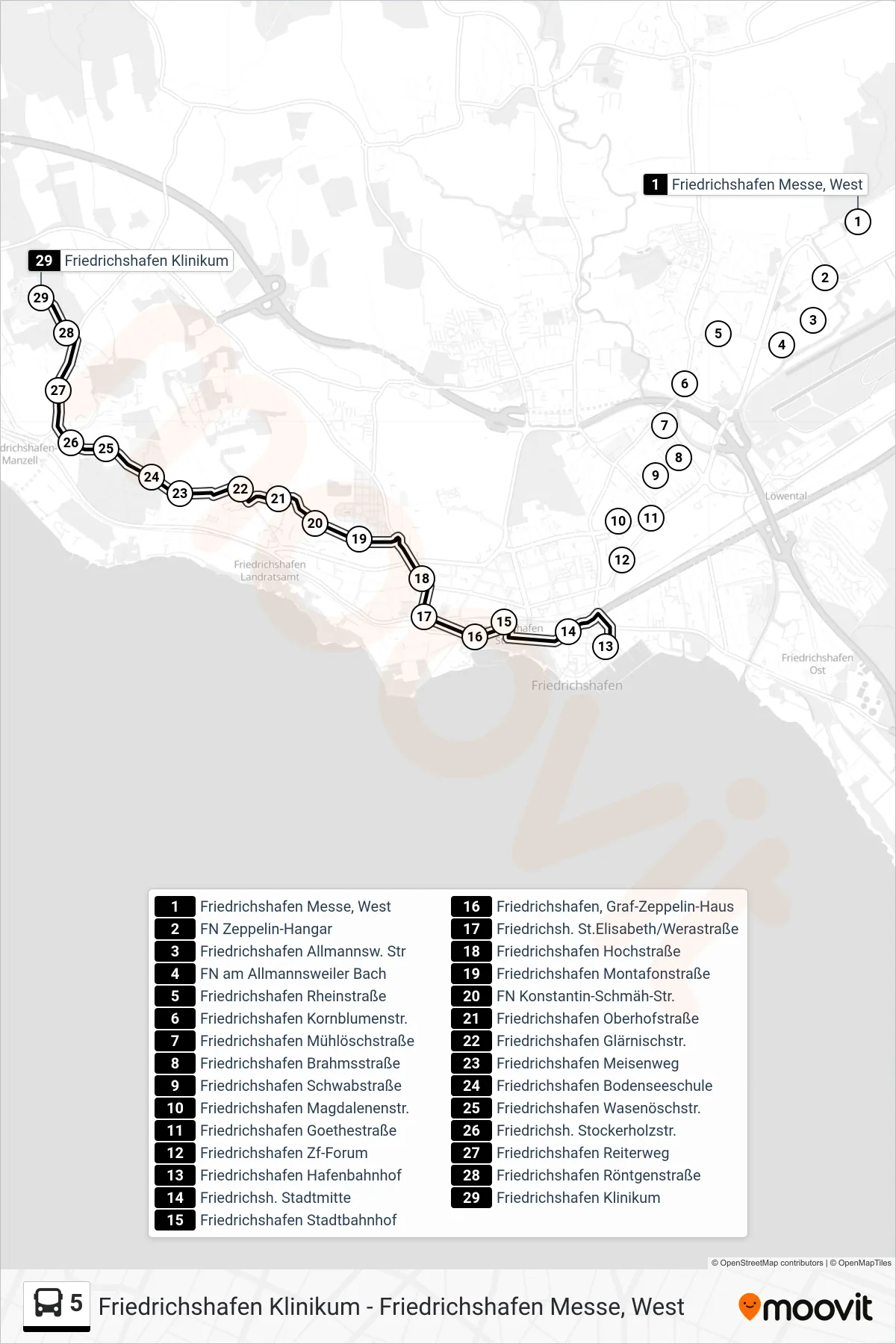 5 bus Line (Friedrichshafen Klinikum) route and stops on a map