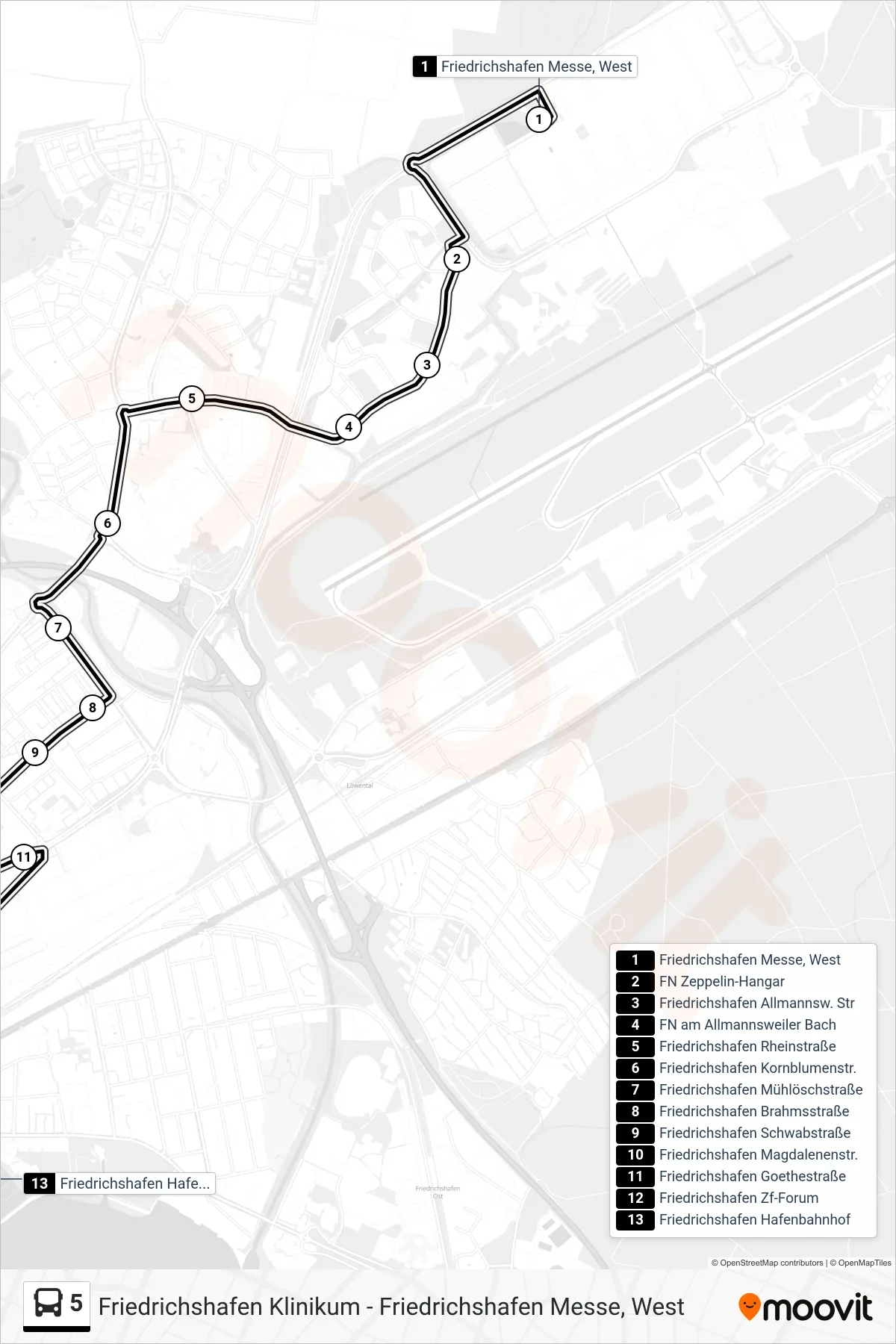 5 bus Line (Friedrichshafen Hafenbahnhof) route and stops on a map