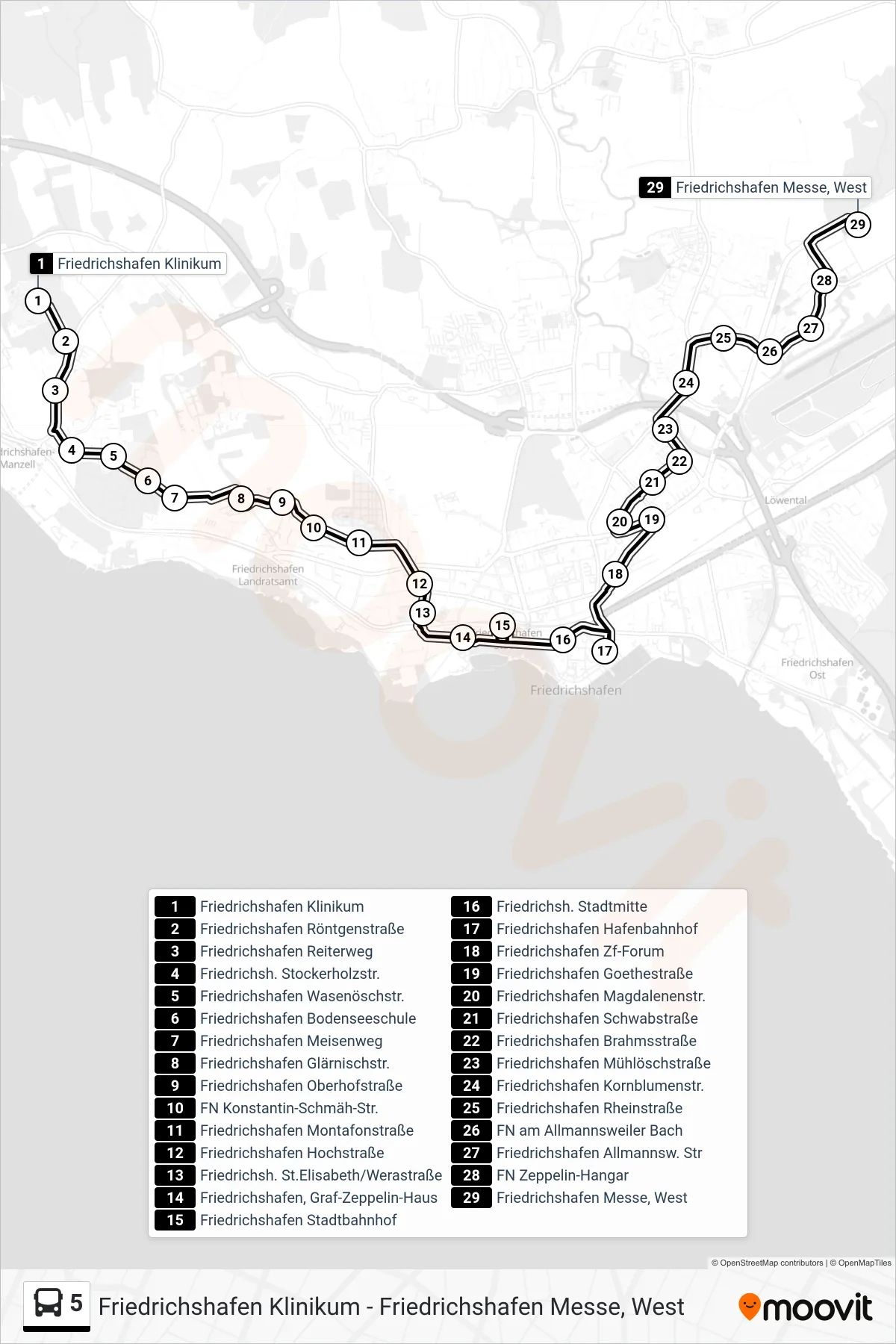 Linie 5 (Bus) Richtung Friedrichshafen Messe, West: Route und Haltestellen auf der Karte