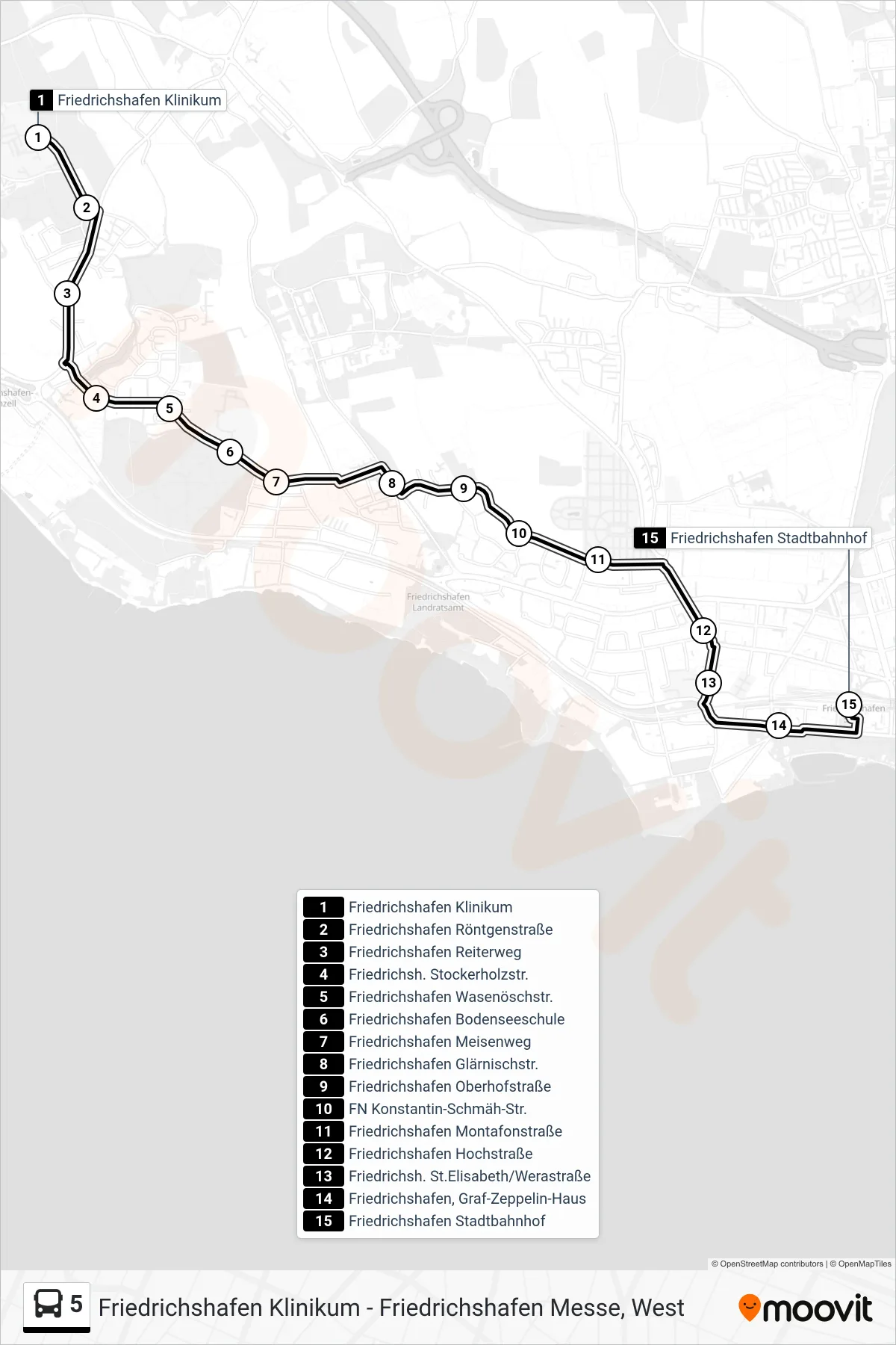 5 bus Line (Friedrichshafen Stadtbahnhof) route and stops on a map