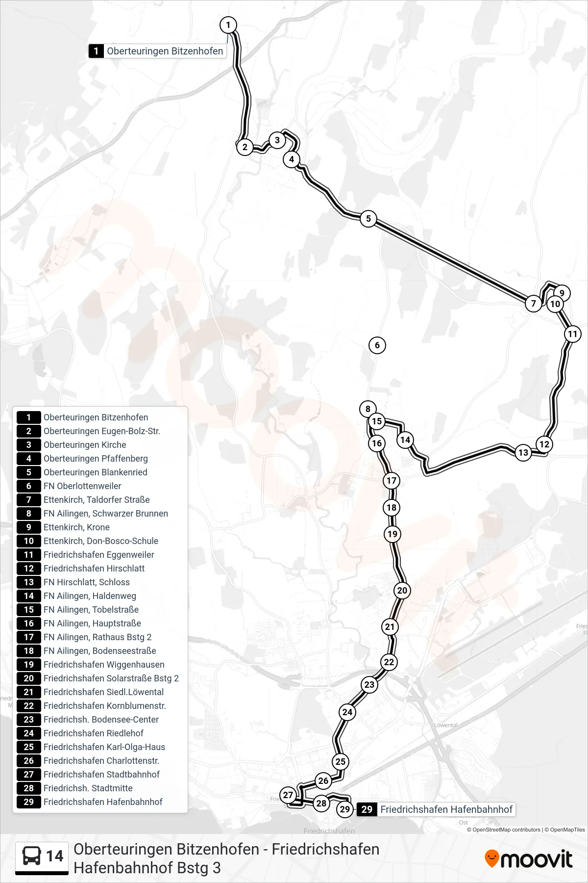 14 bus Line (Friedrichshafen Hafenbahnhof) route and stops on a map