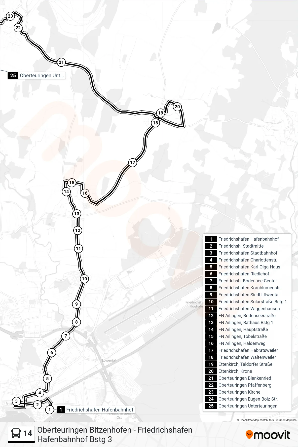 14 bus Line (Oberteuringen Unterteuringen) route and stops on a map