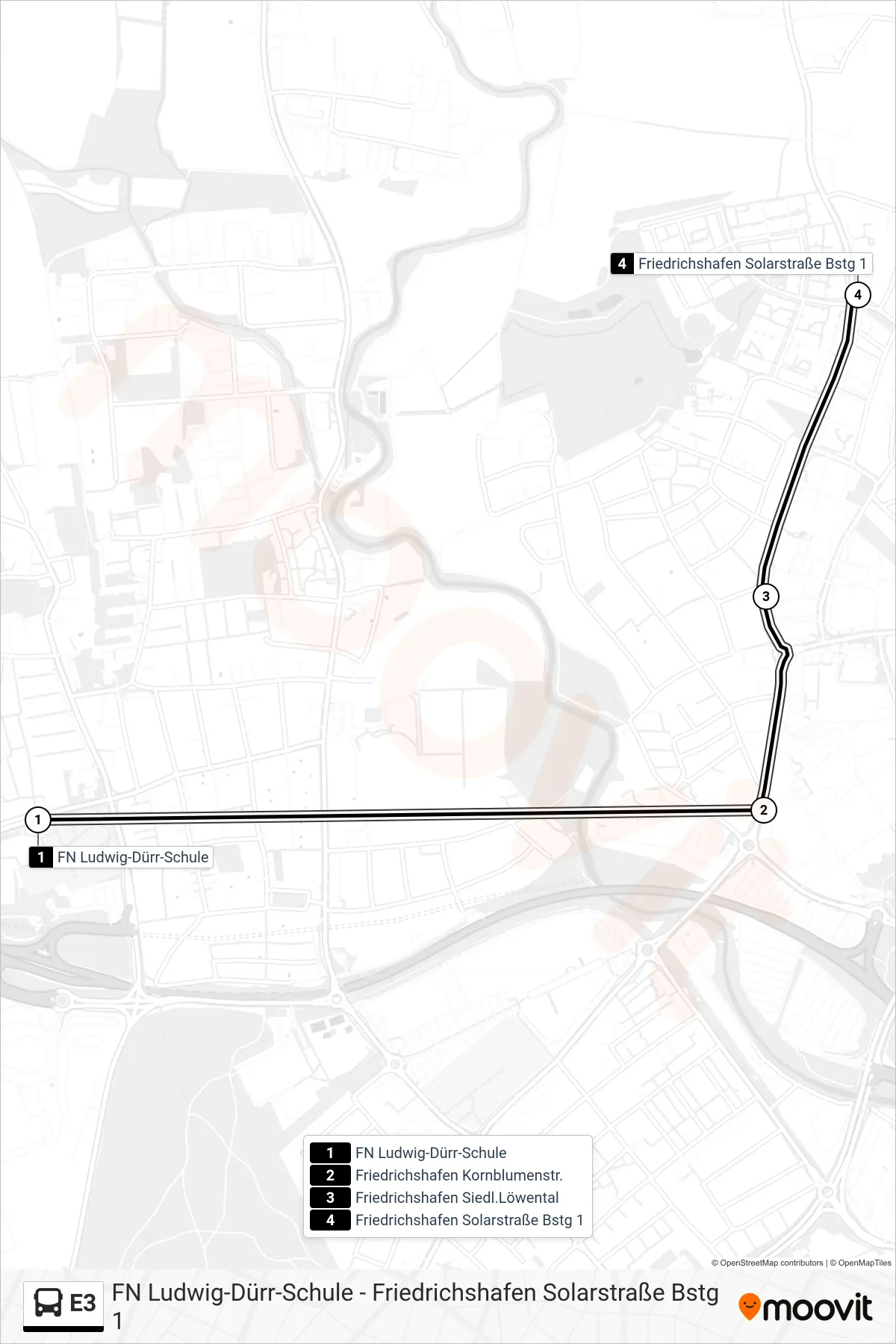 E3 bus Line (Friedrichshafen Solarstraße) route and stops on a map