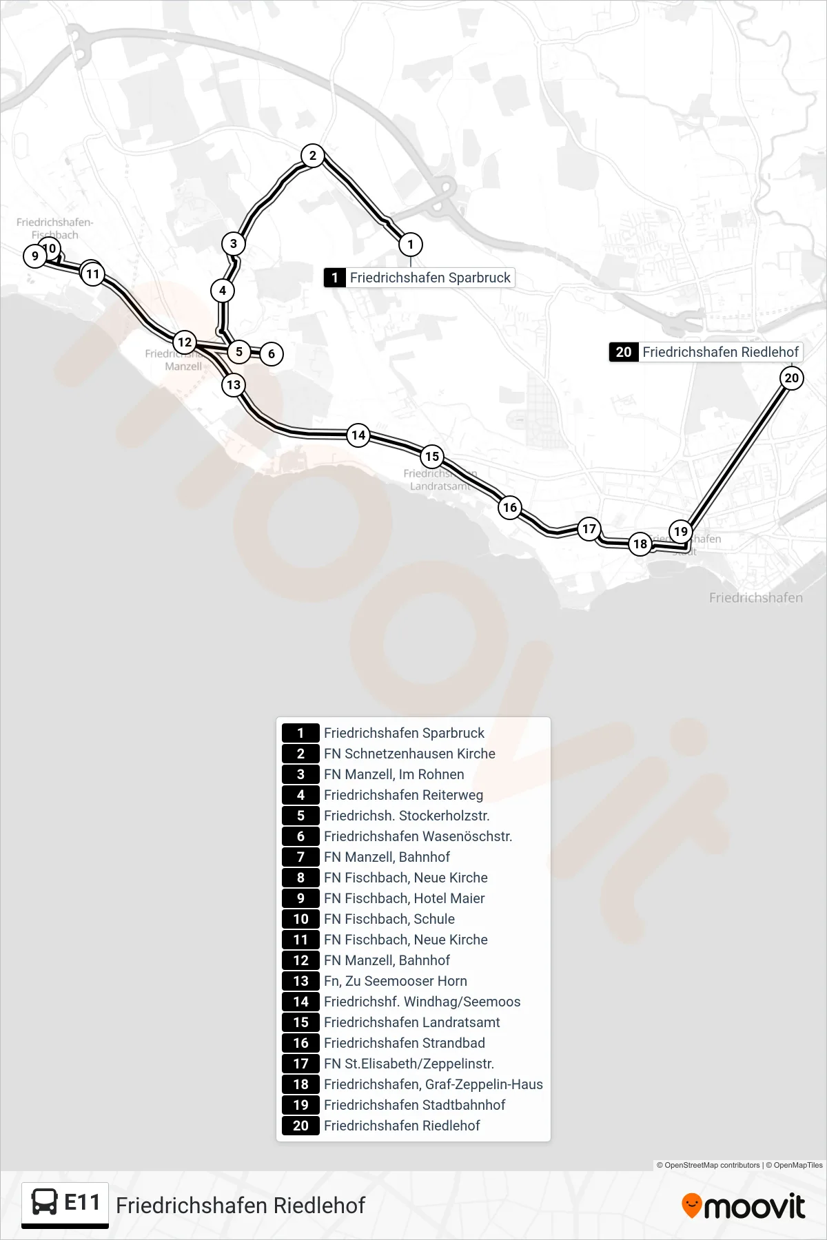 E11 bus Line (Friedrichshafen Riedlehof) route and stops on a map