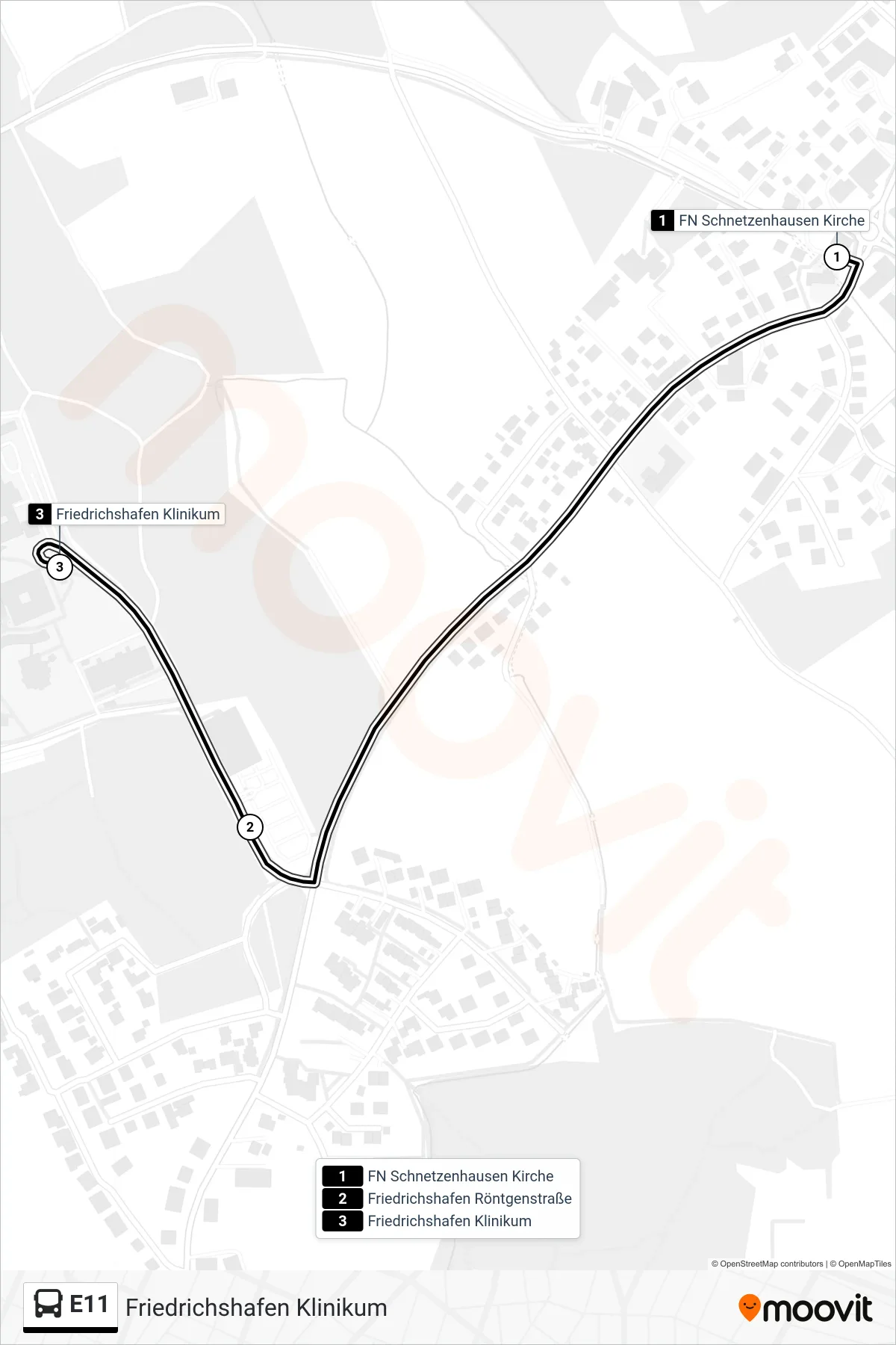 E11 bus Line (Friedrichshafen Klinikum) route and stops on a map