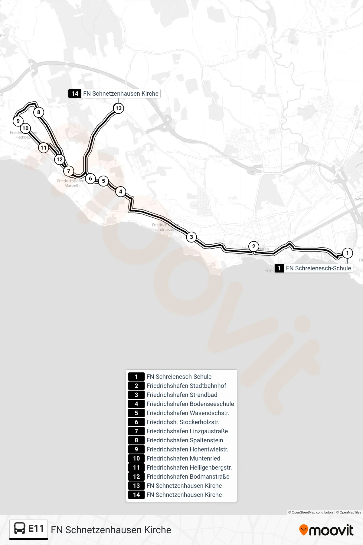 E11 bus Line (FN Schnetzenhausen Kirche) route and stops on a map