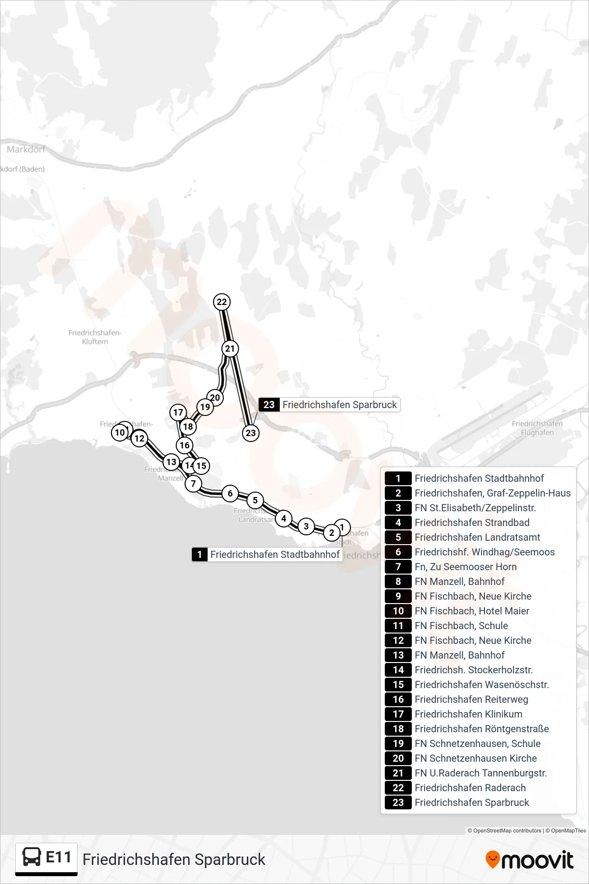 E11 bus Line (Friedrichshafen Sparbruck) route and stops on a map