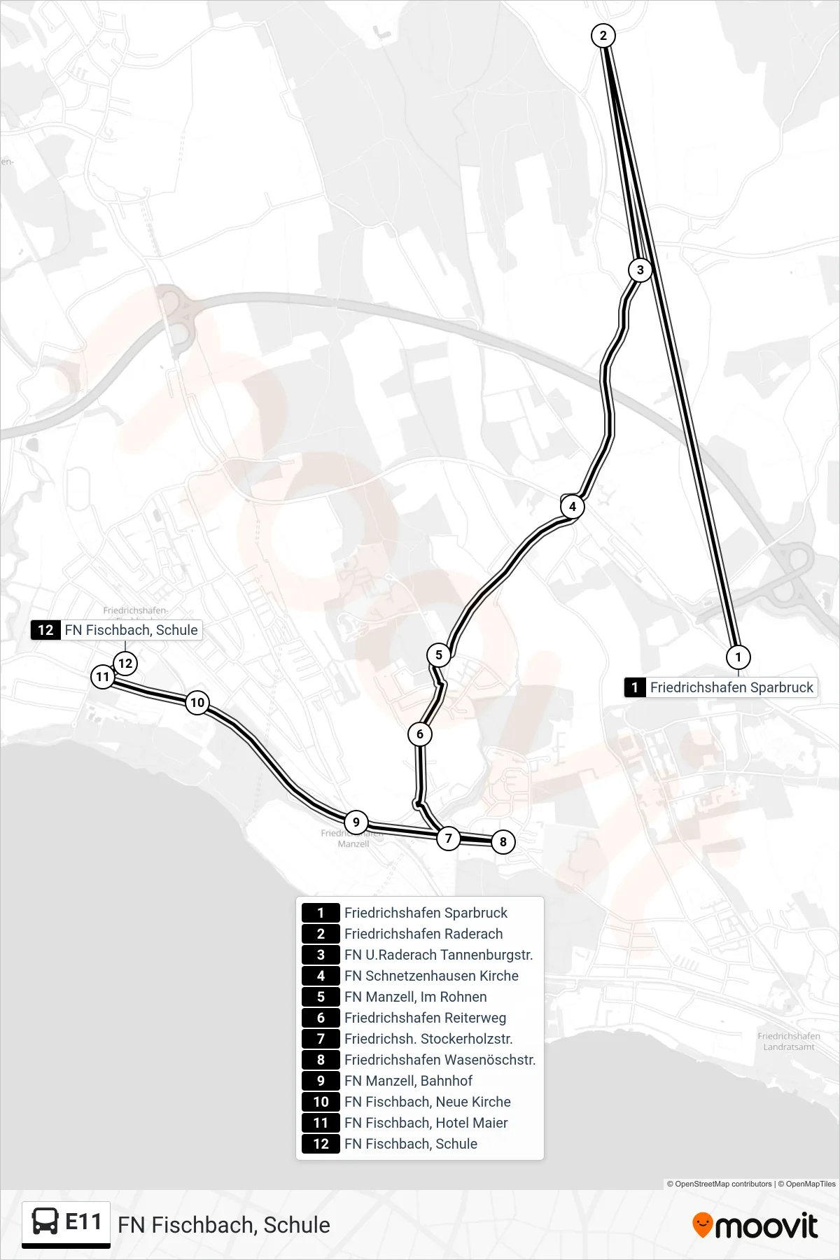 E11 bus Line (FN Fischbach, Schule) route and stops on a map