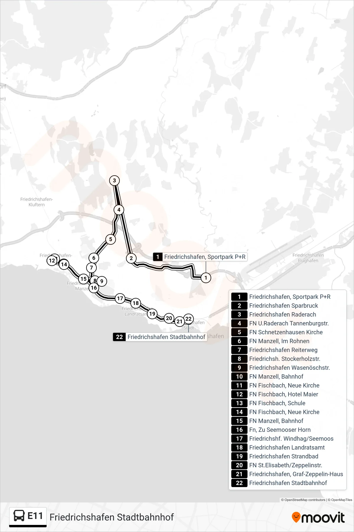 E11 bus Line (Friedrichshafen Stadtbahnhof) route and stops on a map