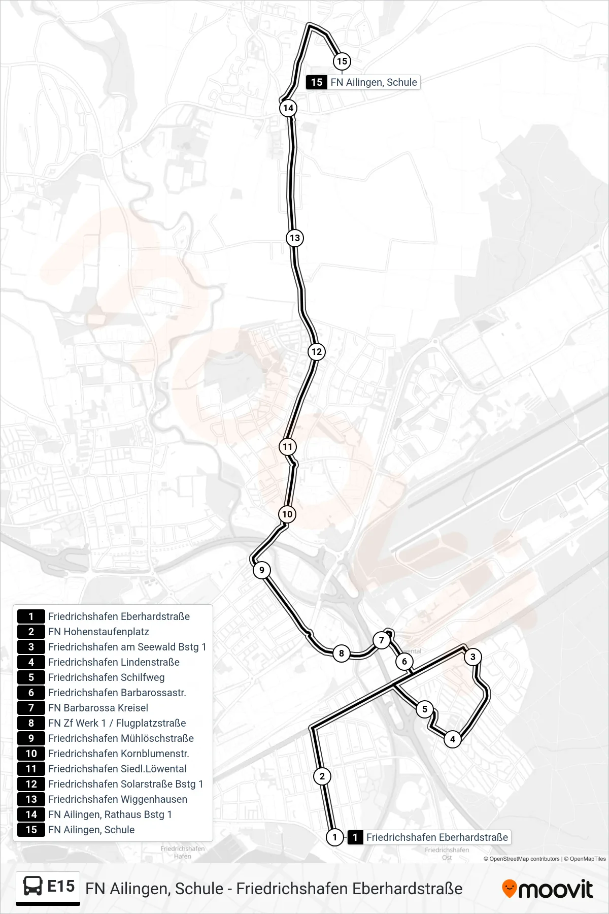 Linie E15 (Bus) Richtung FN Ailingen, Schule: Route und Haltestellen auf der Karte