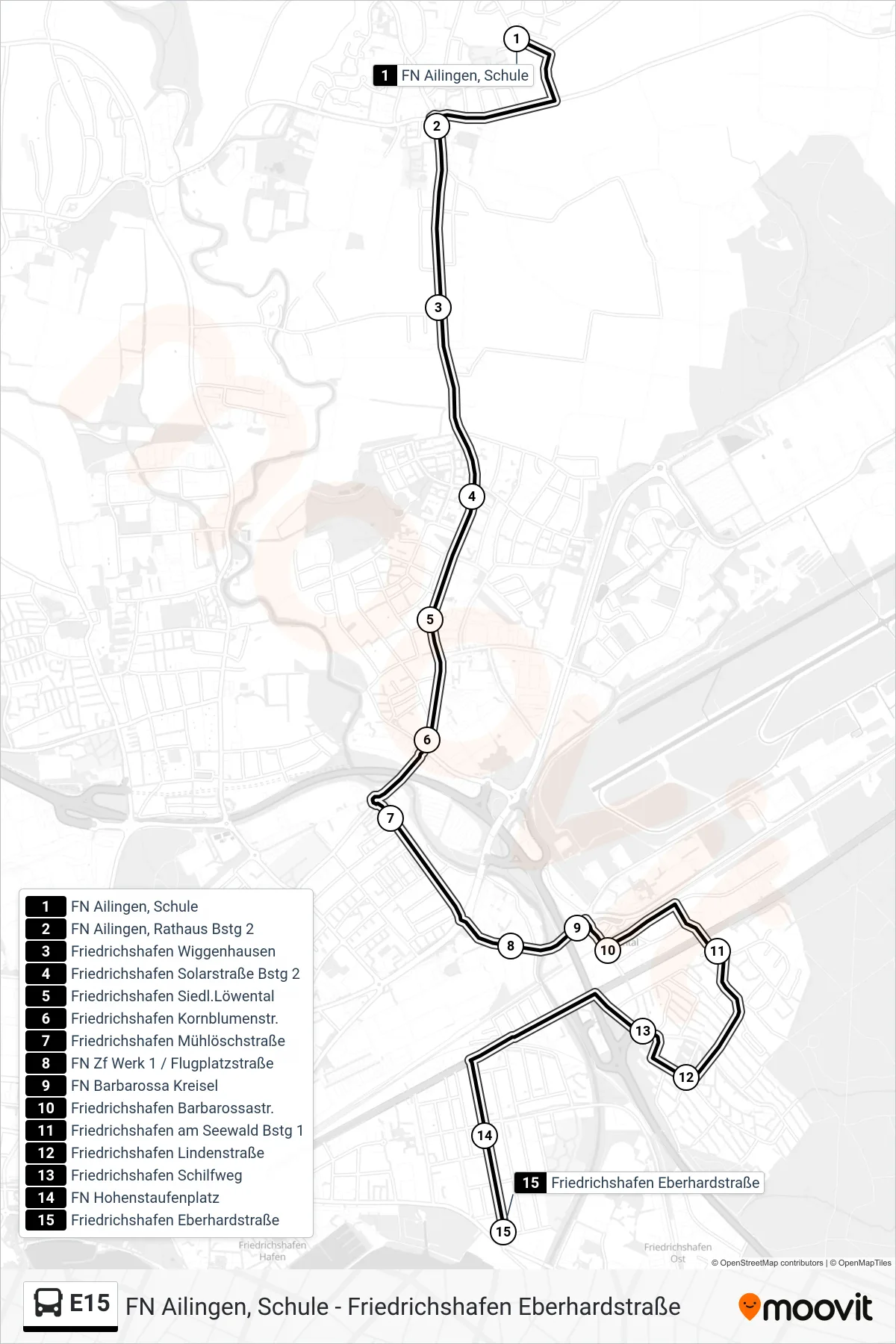 E15 bus Line (Friedrichshafen Eberhardstraße) route and stops on a map