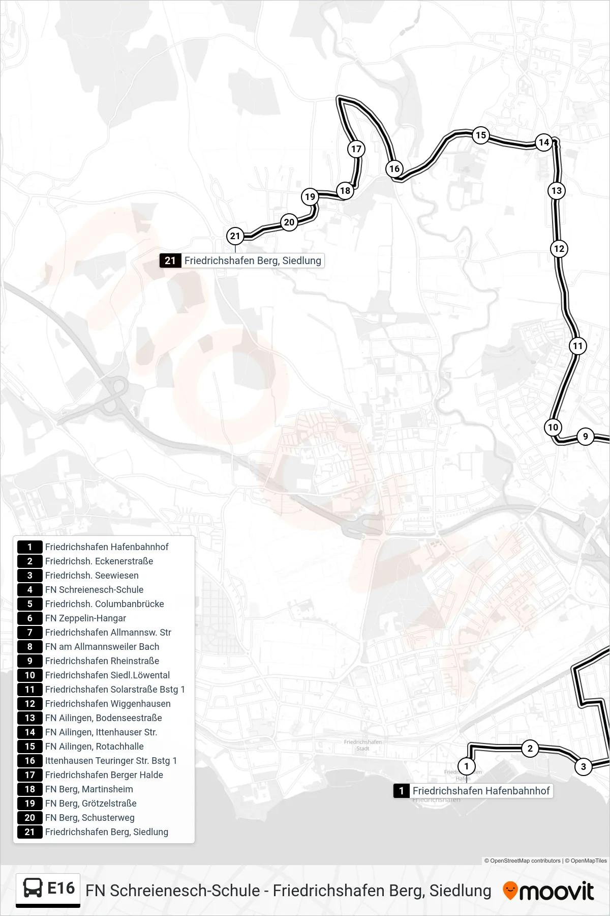 E16 bus Line (Friedrichshafen Berg, Siedlung) route and stops on a map