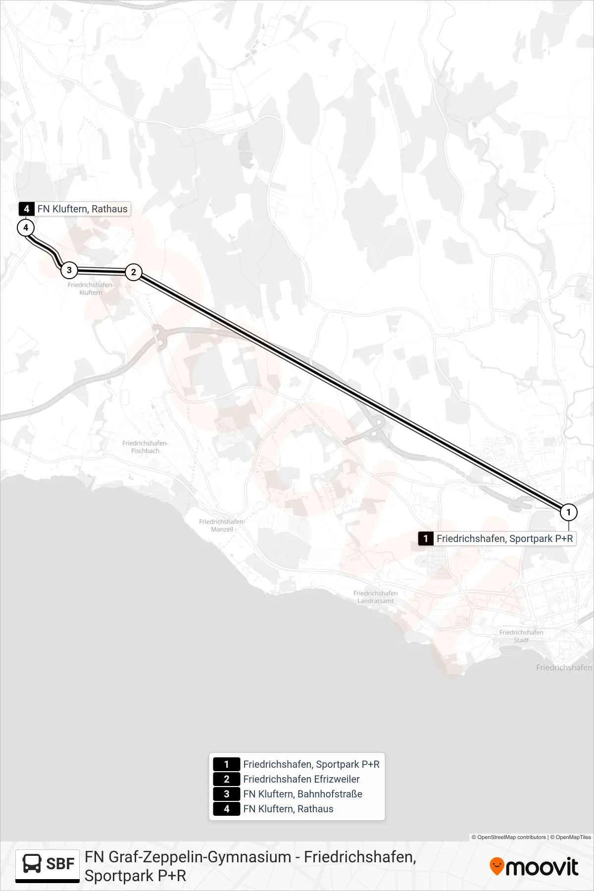 SBF bus Line (FN Kluftern, Rathaus) route and stops on a map