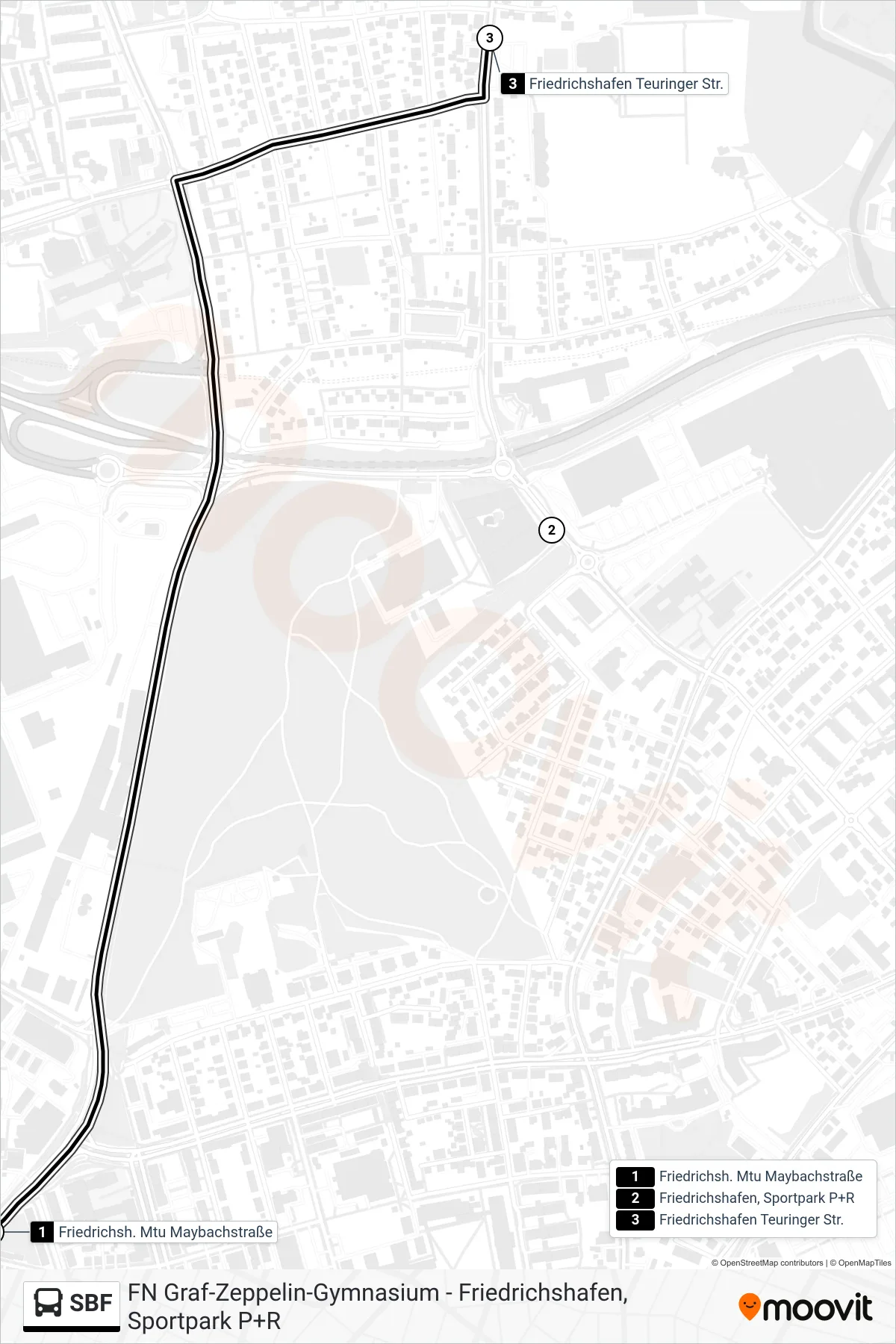 SBF bus Line (Friedrichshafen Teuringer Str.) route and stops on a map