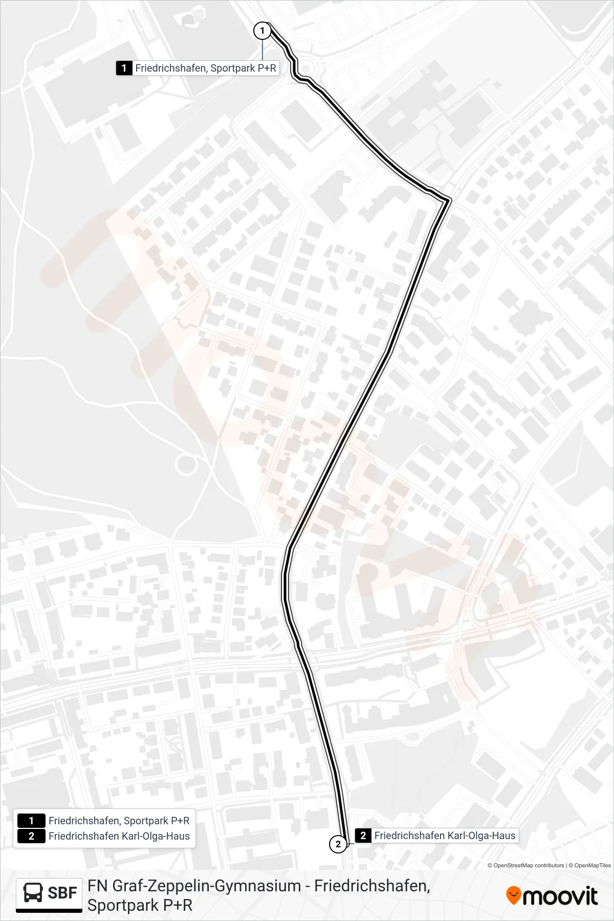 SBF bus Line (Friedrichshafen Karl-Olga-Haus) route and stops on a map