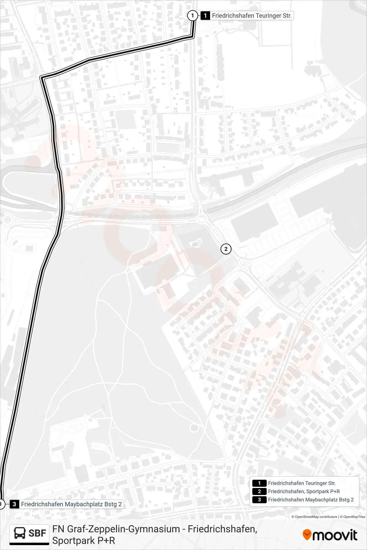 SBF bus Line (Friedrichshafen Maybachplatz) route and stops on a map