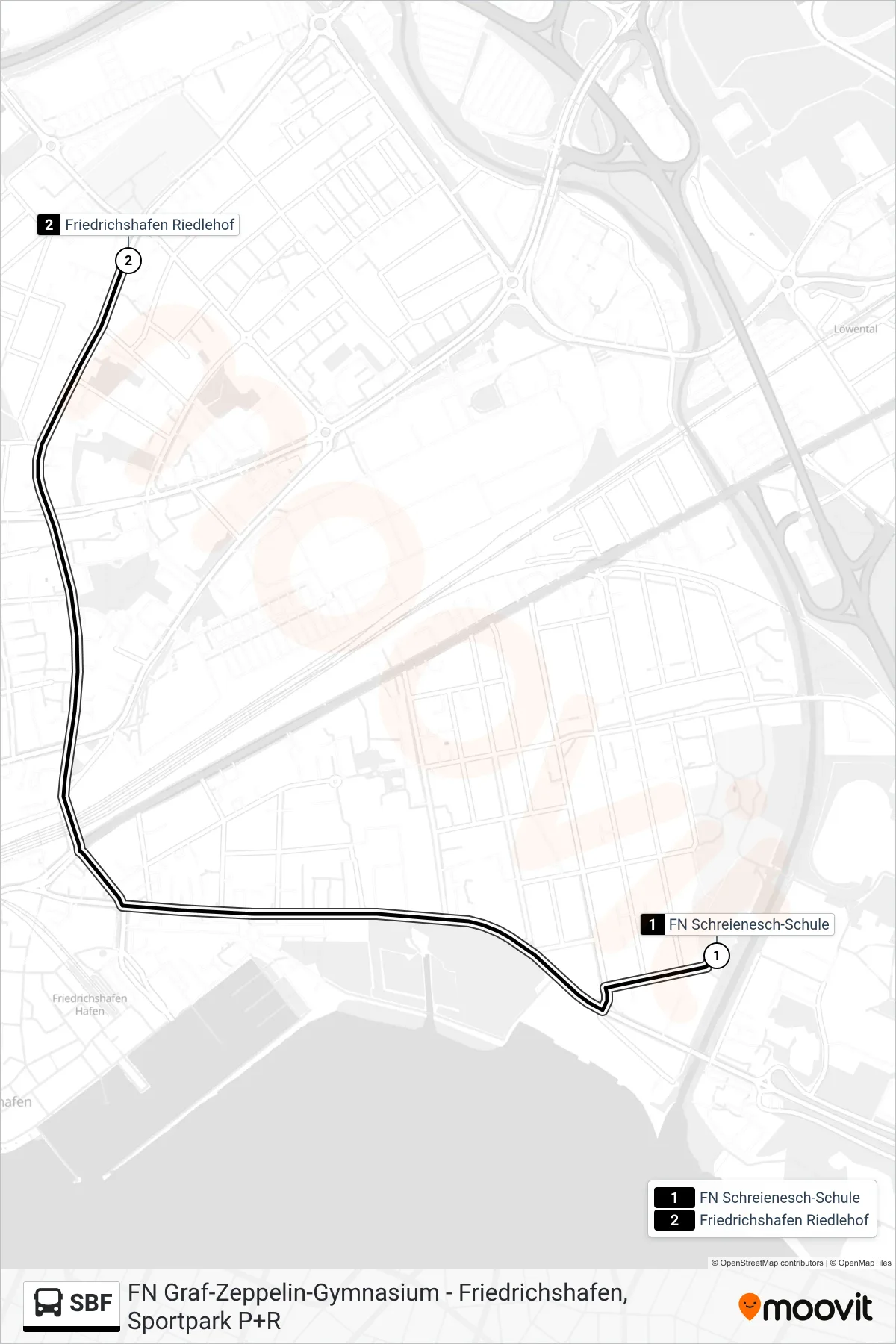 SBF bus Line (Friedrichshafen Riedlehof) route and stops on a map