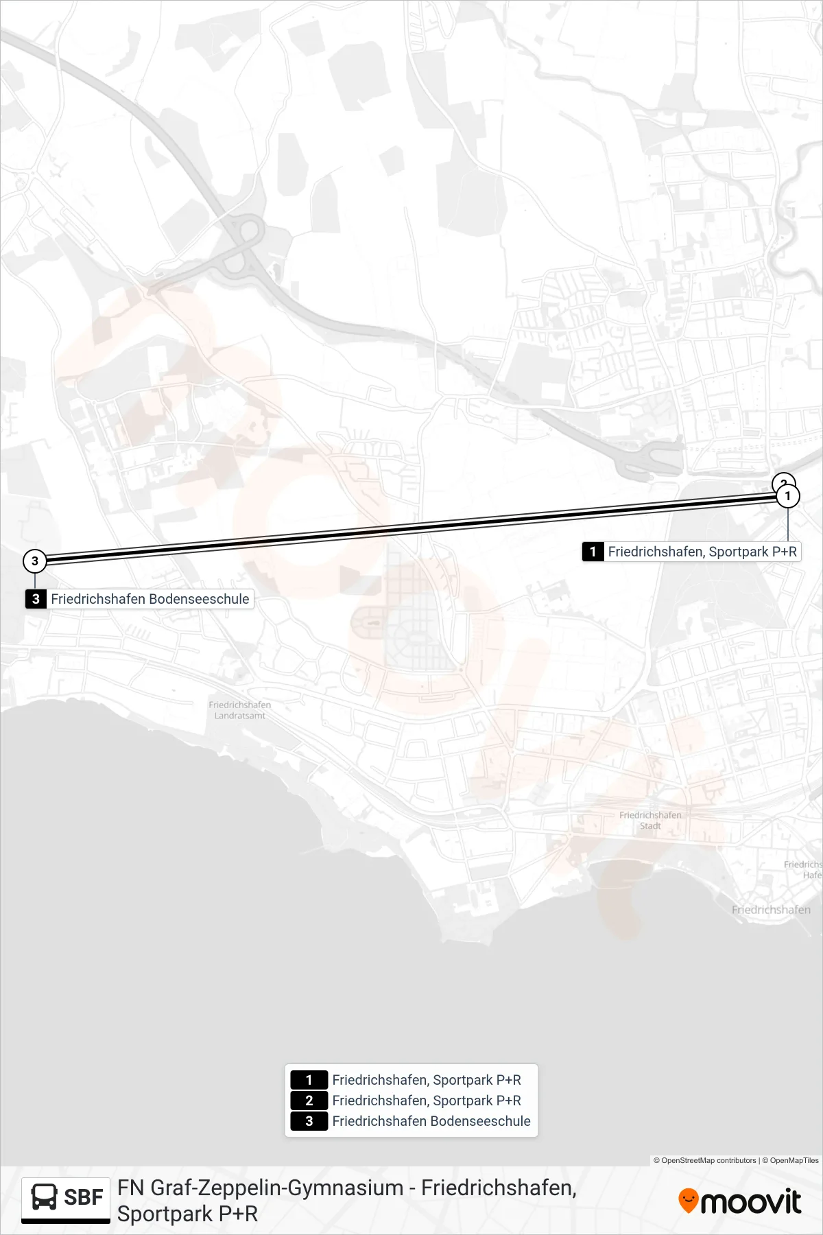 SBF bus Line (Friedrichshafen Bodenseeschule) route and stops on a map