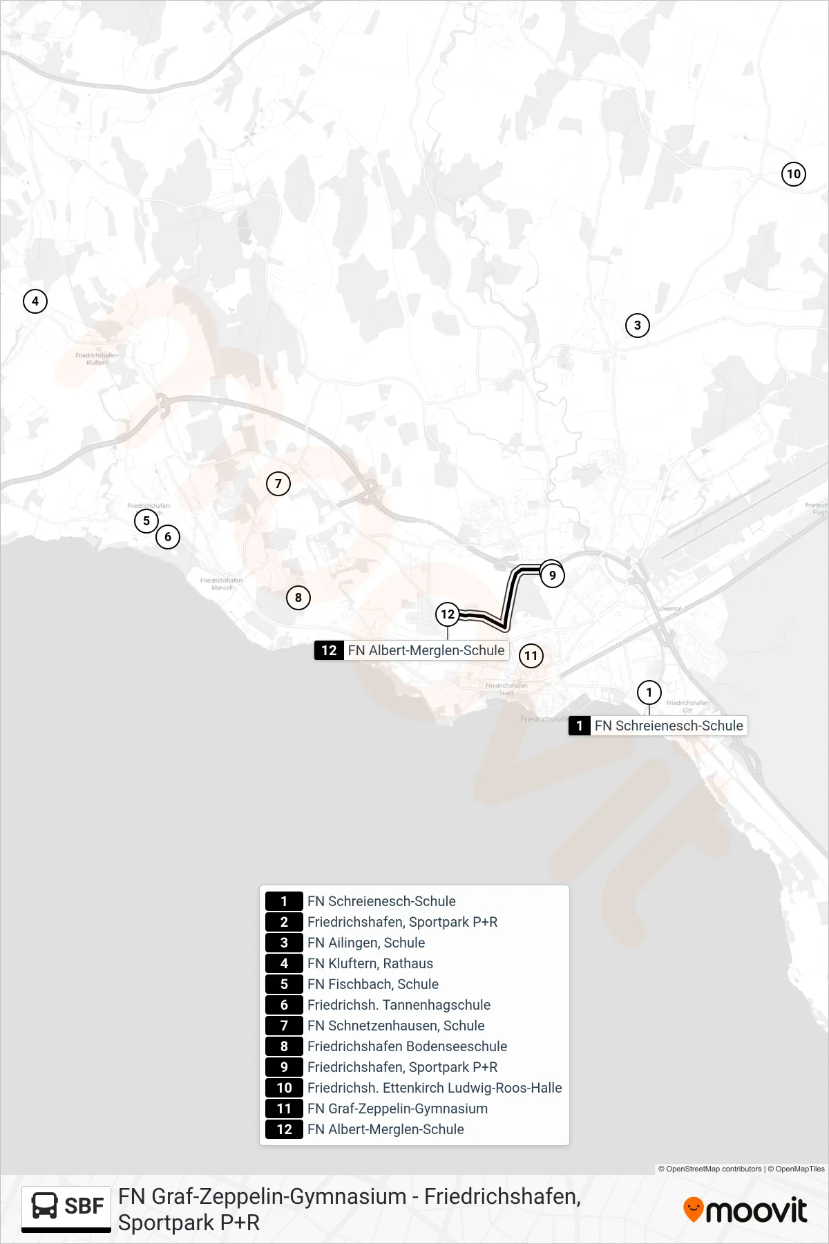 SBF bus Line (Friedrichshafen, Sportpark P+R) route and stops on a map