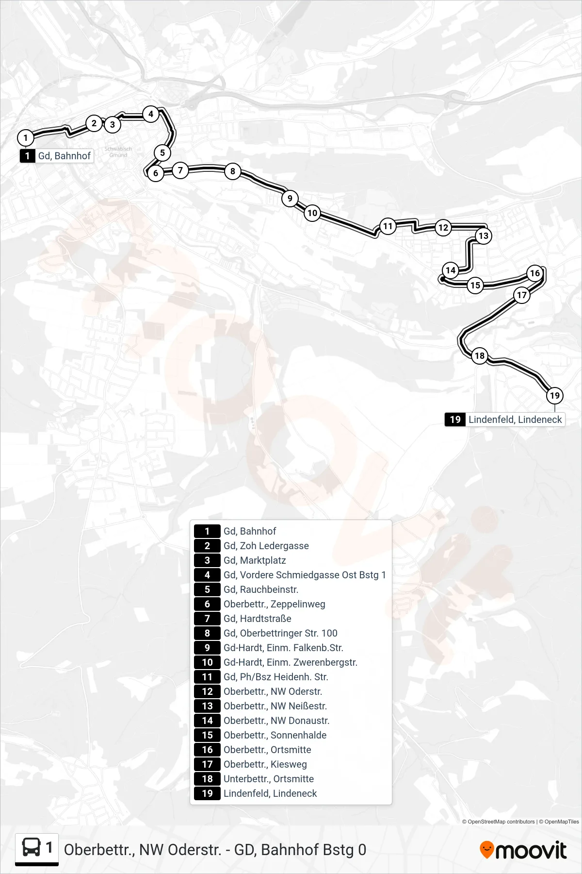 1 tram Line (Lindenfeld, Lindeneck) route and stops on a map