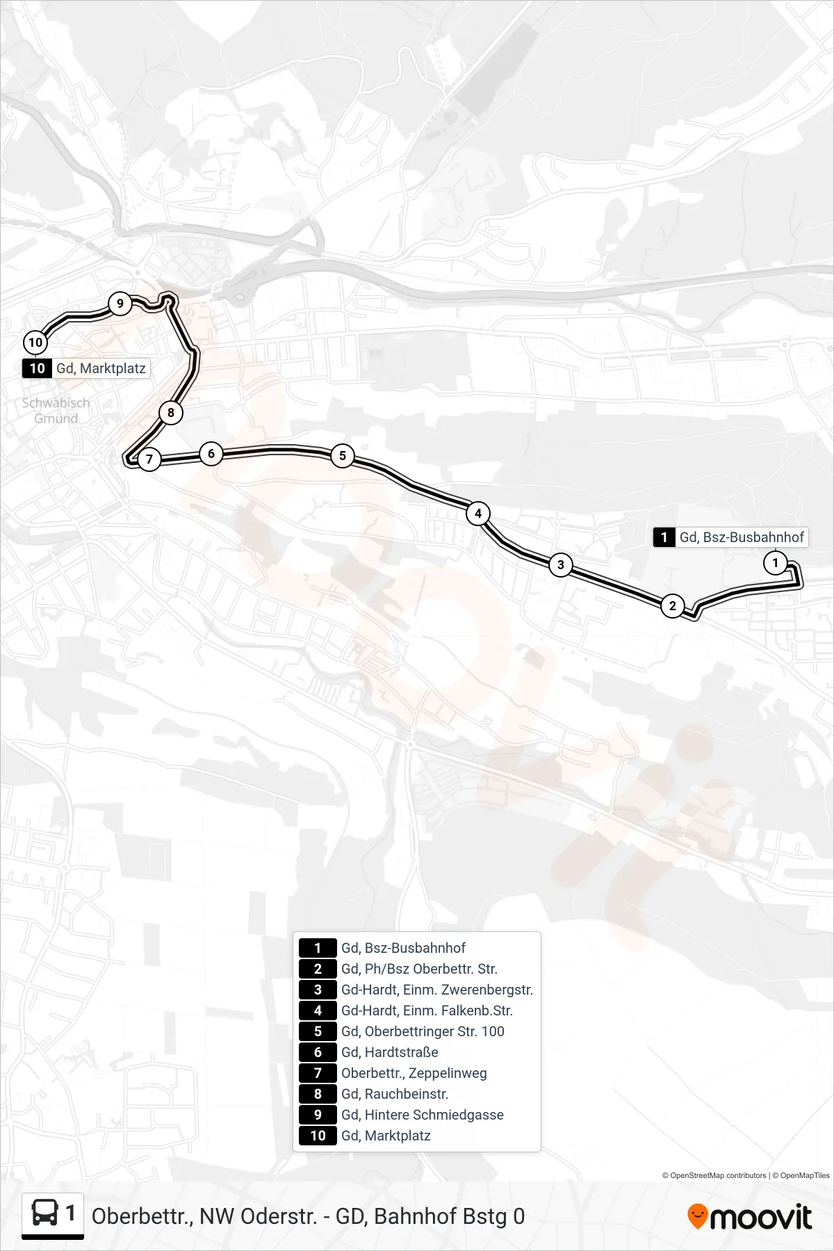 Linie 1 (Tram) Richtung Gd, Marktplatz: Route und Haltestellen auf der Karte