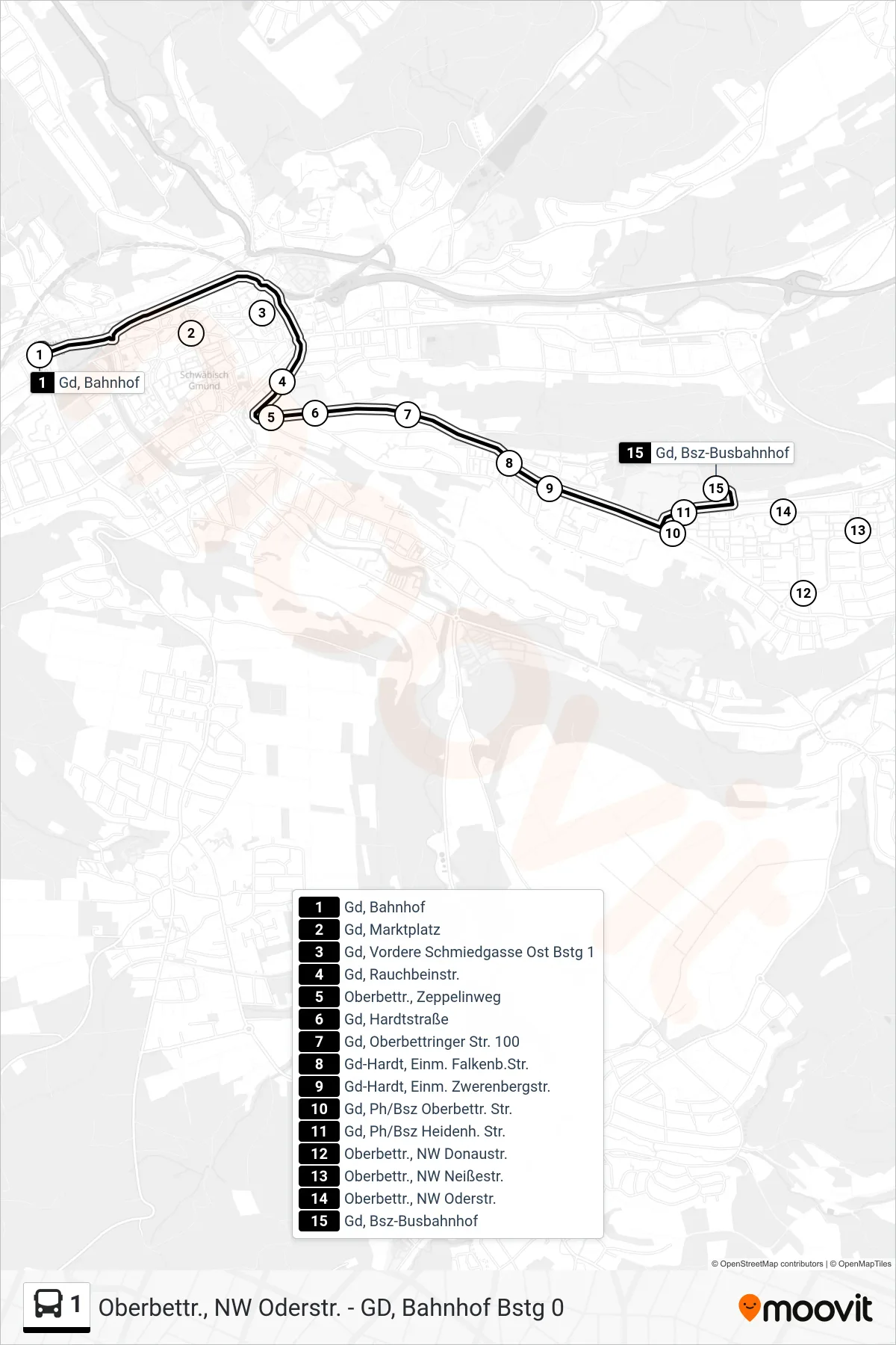 1 tram Line (Gd, Bsz-Busbahnhof) route and stops on a map
