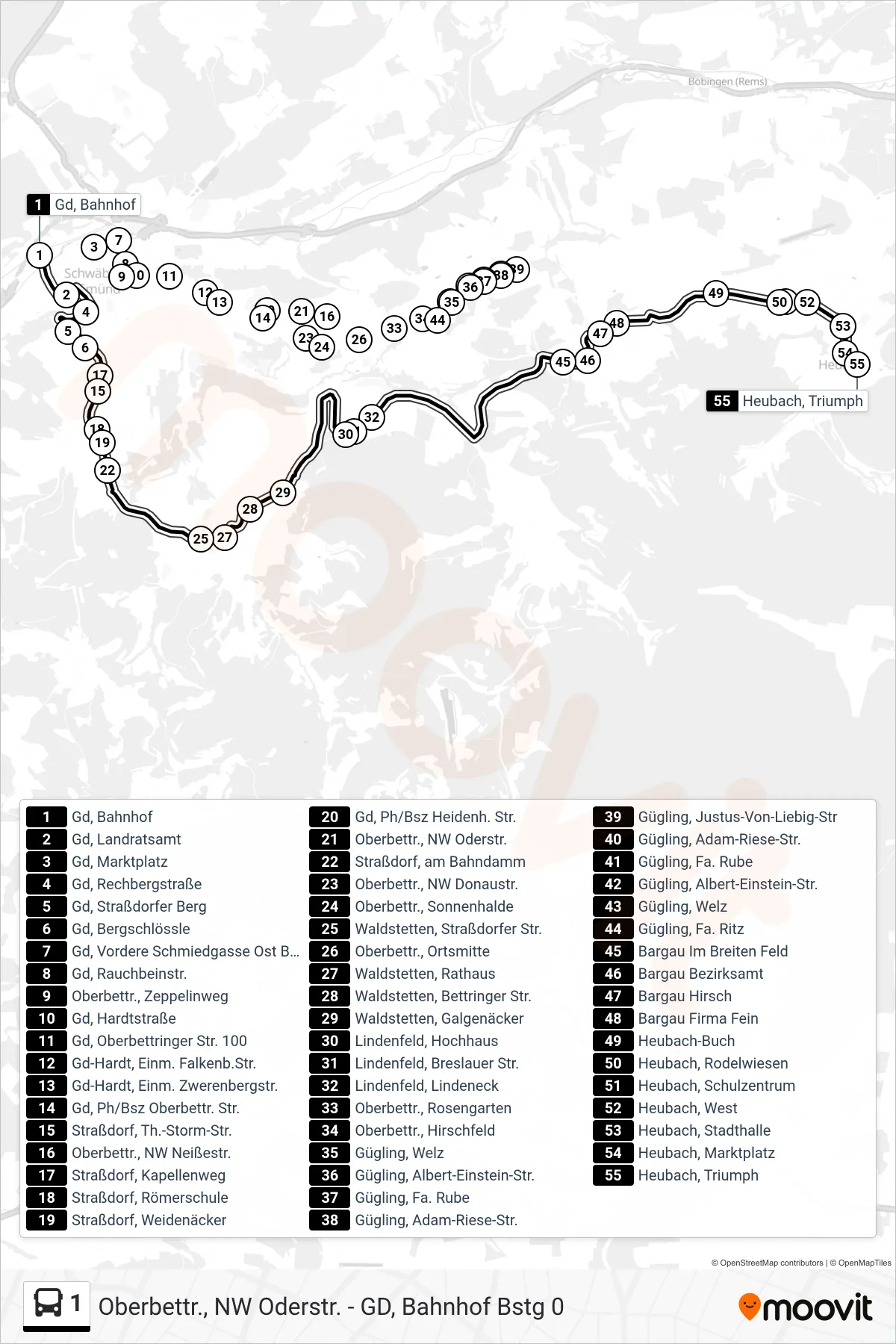 1 tram Line (Heubach, Triumph) route and stops on a map