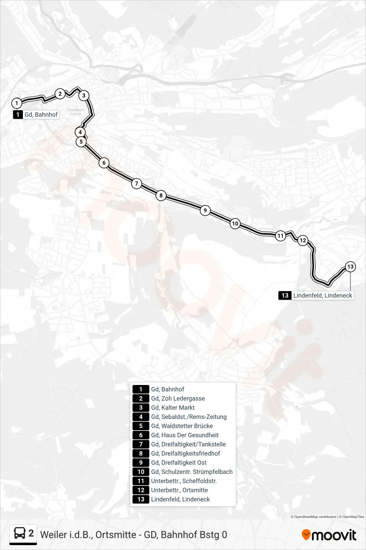 2 tram Line (Lindenfeld, Lindeneck) route and stops on a map