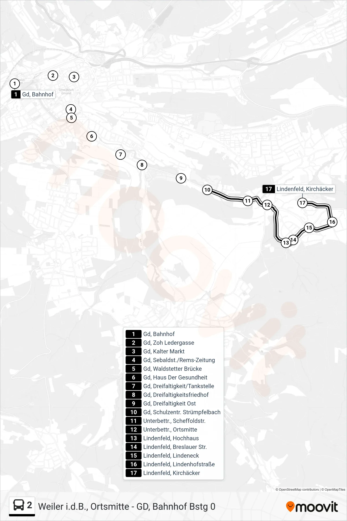 2 tram Line (Lindenfeld, Kirchäcker) route and stops on a map
