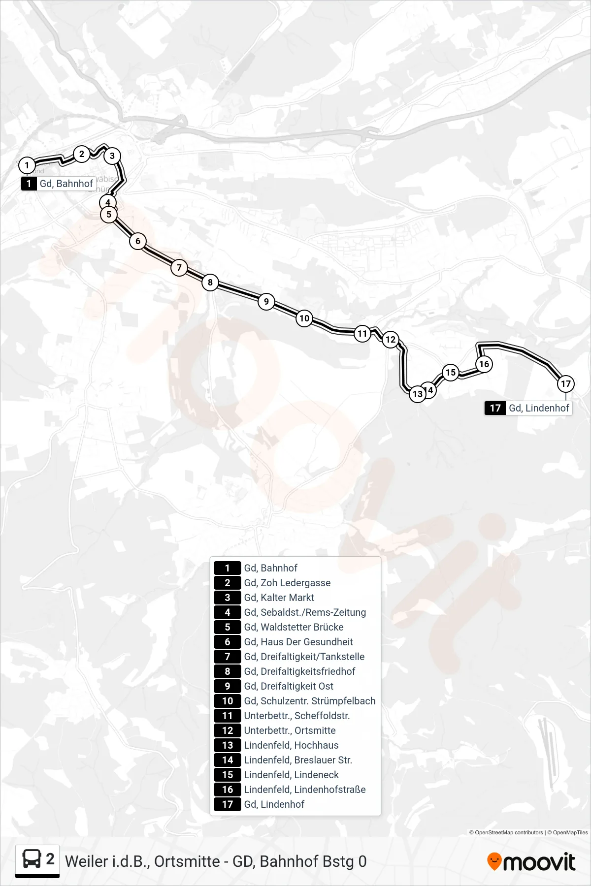 Linie 2 (Tram) Richtung Gd, Lindenhof: Route und Haltestellen auf der Karte