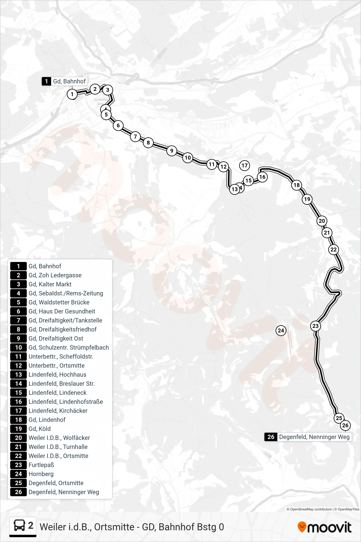 2 tram Line (Degenfeld, Nenninger Weg) route and stops on a map