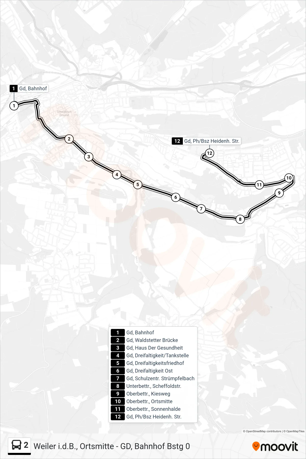 2 tram Line (Gd, Ph/Bsz Heidenh. Str.) route and stops on a map