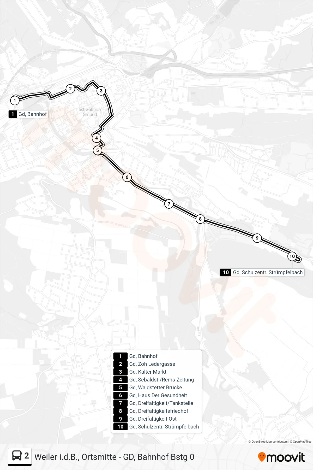 2 tram Line (Gd, Schulzentr. Strümpfelbach) route and stops on a map