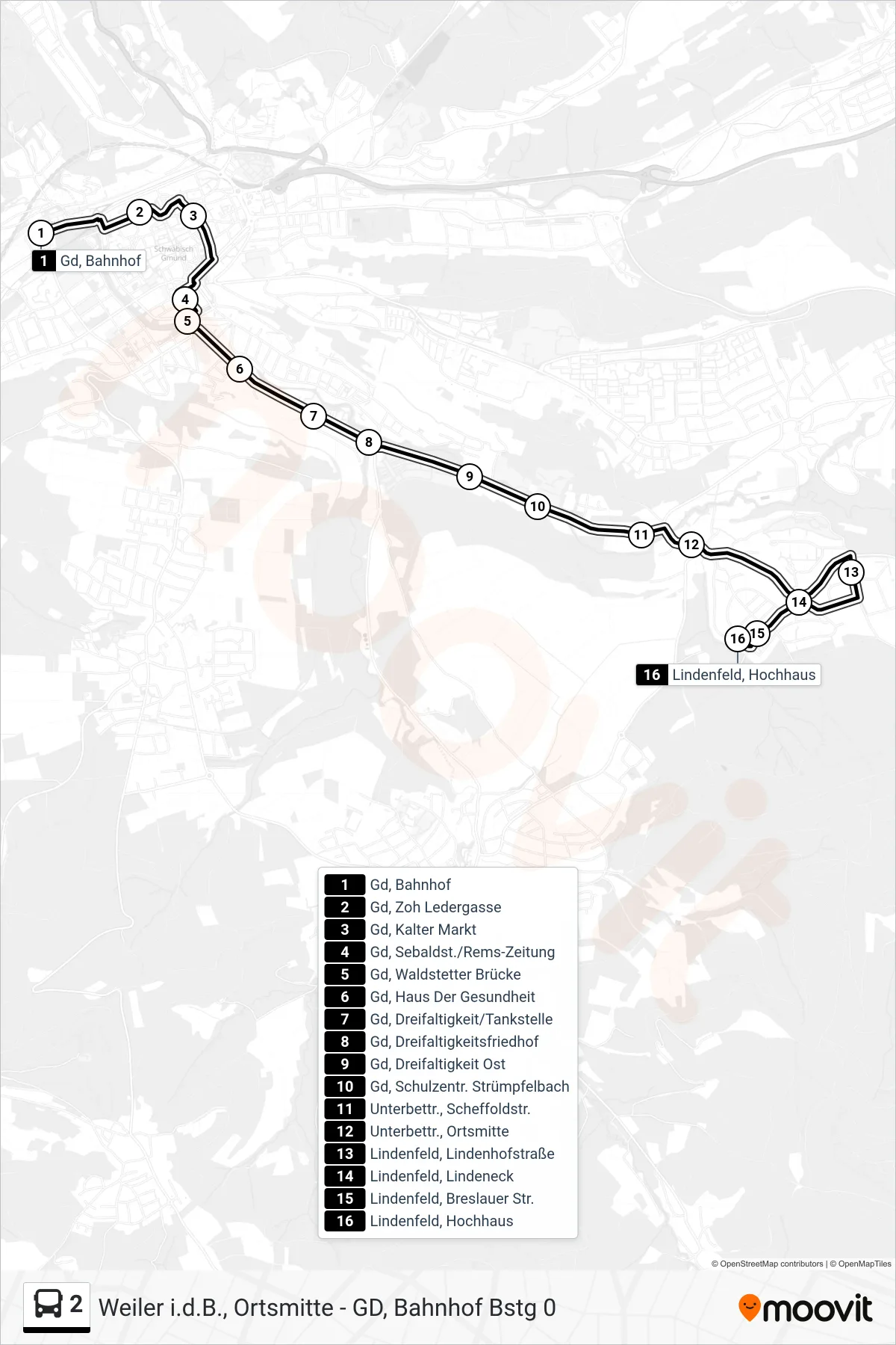 2 tram Line (Lindenfeld, Hochhaus) route and stops on a map