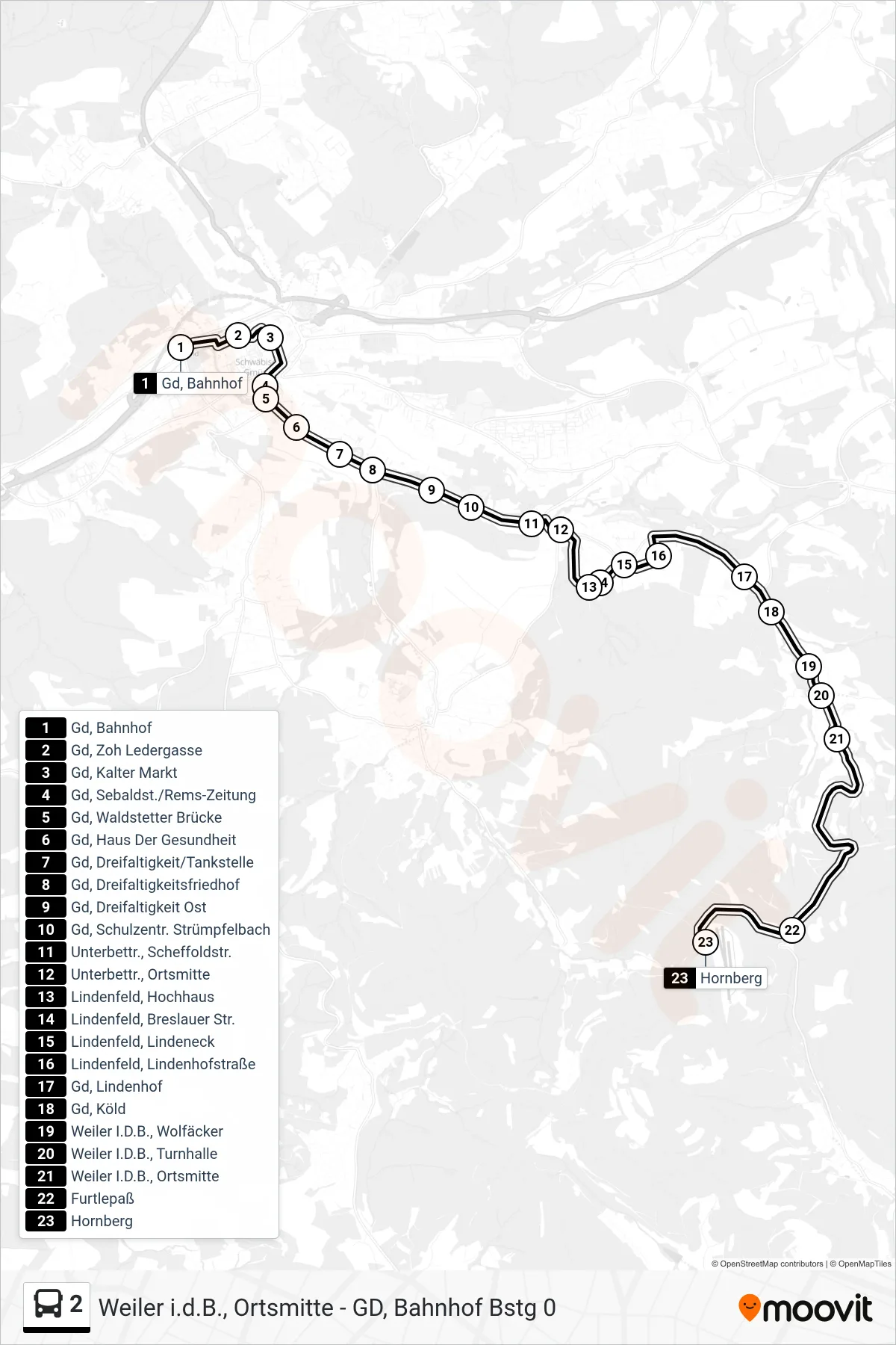 2 tram Line (Hornberg) route and stops on a map