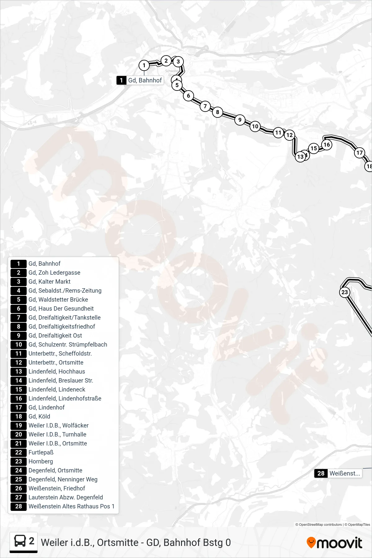 2 tram Line (Weißenstein Altes Rathaus) route and stops on a map