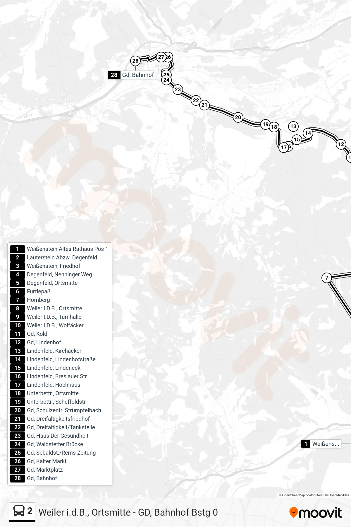 2 tram Line (Gd, Bahnhof) route and stops on a map