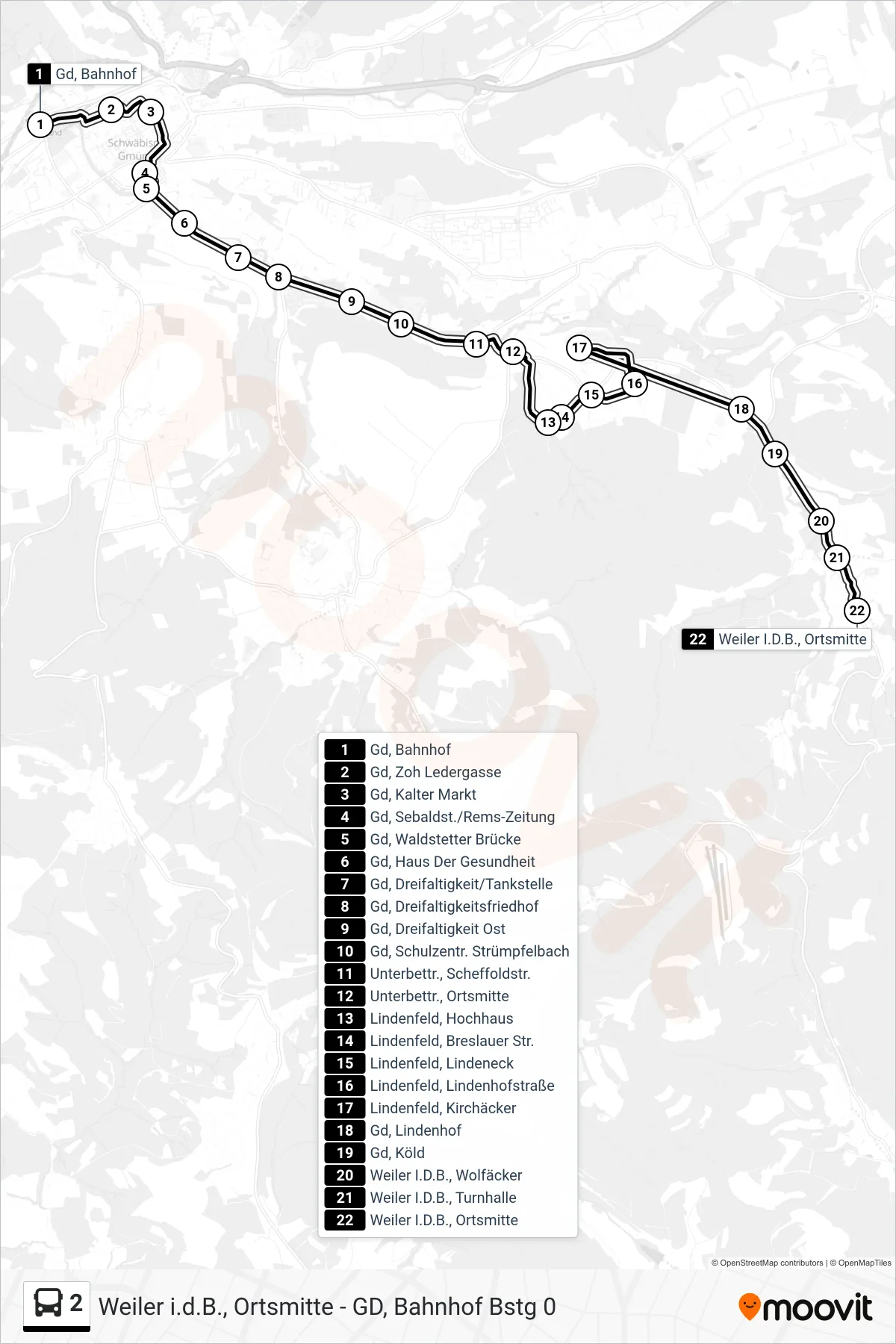 2 tram Line (Weiler I.D.B., Ortsmitte) route and stops on a map