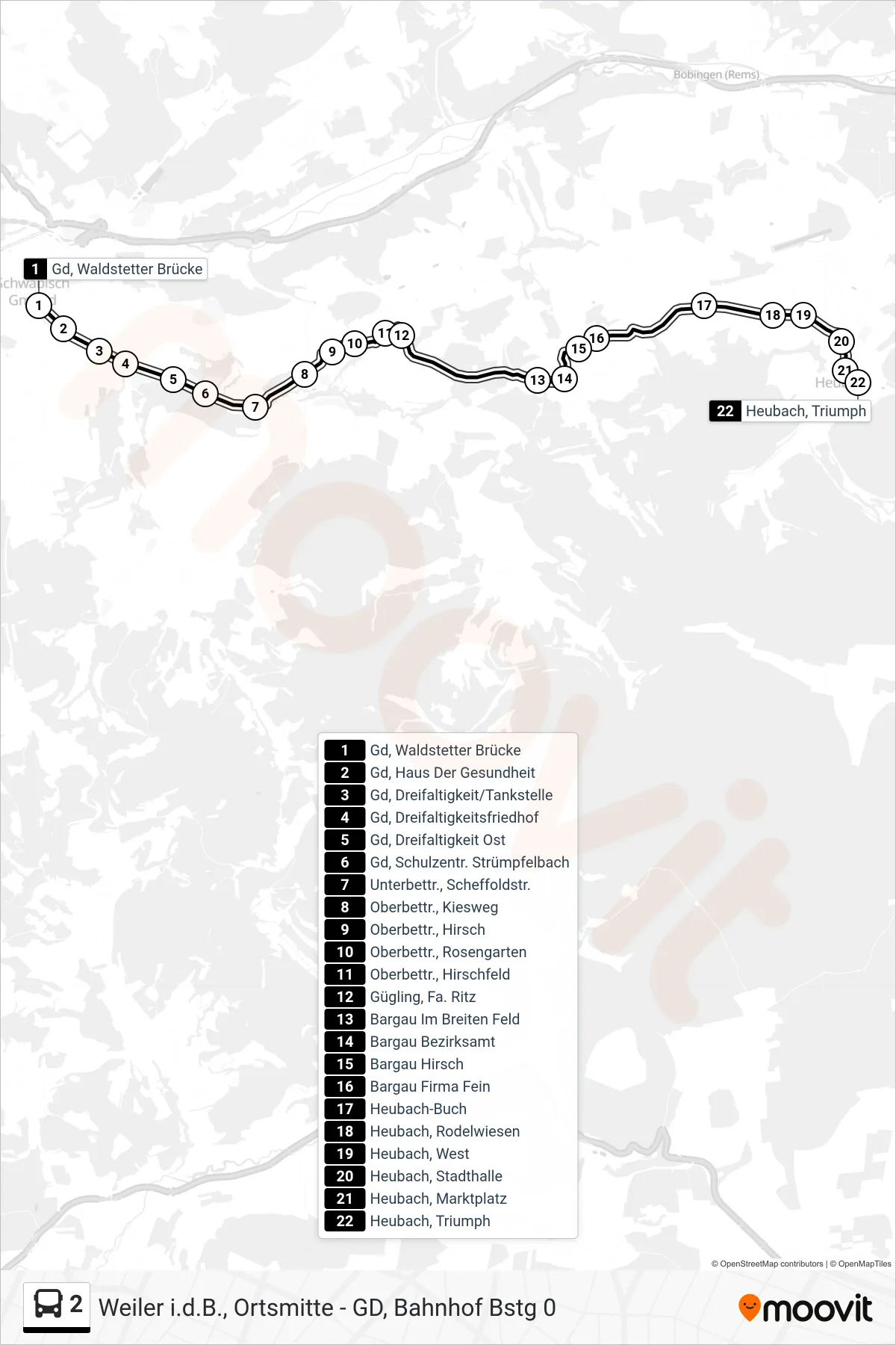 2 tram Line (Heubach, Triumph) route and stops on a map