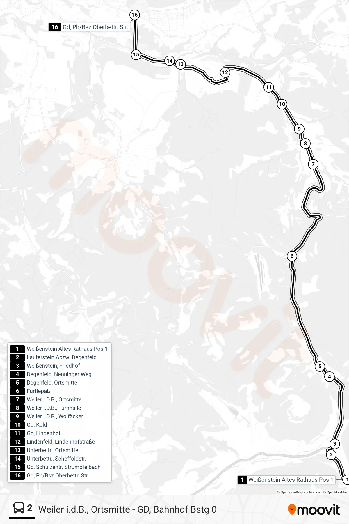 2 tram Line (Gd, Ph/Bsz Oberbettr. Str.) route and stops on a map