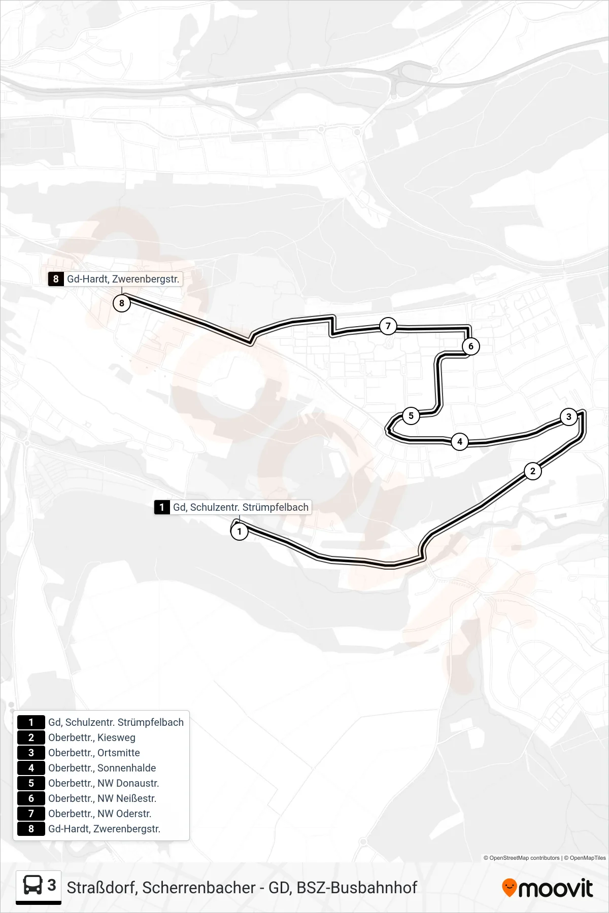3 tram Line (Gd-Hardt, Zwerenbergstr.) route and stops on a map